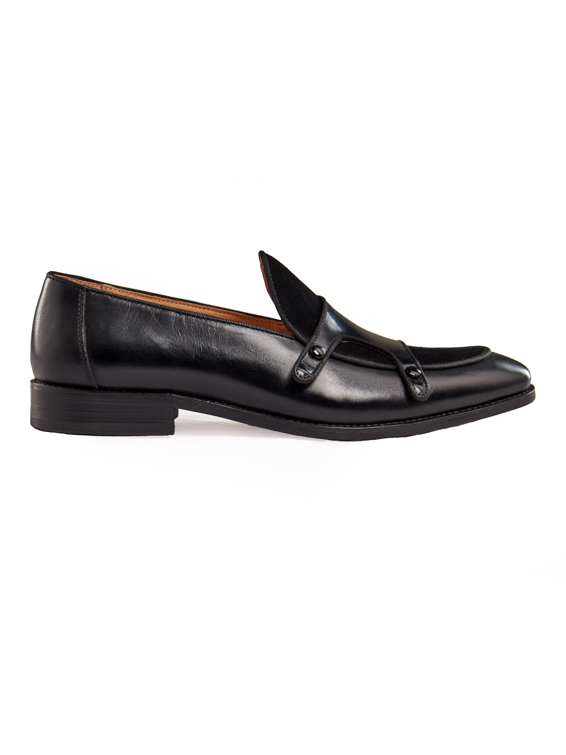 BLACK PATENT LEATHER & SUEDE MONK SHOES