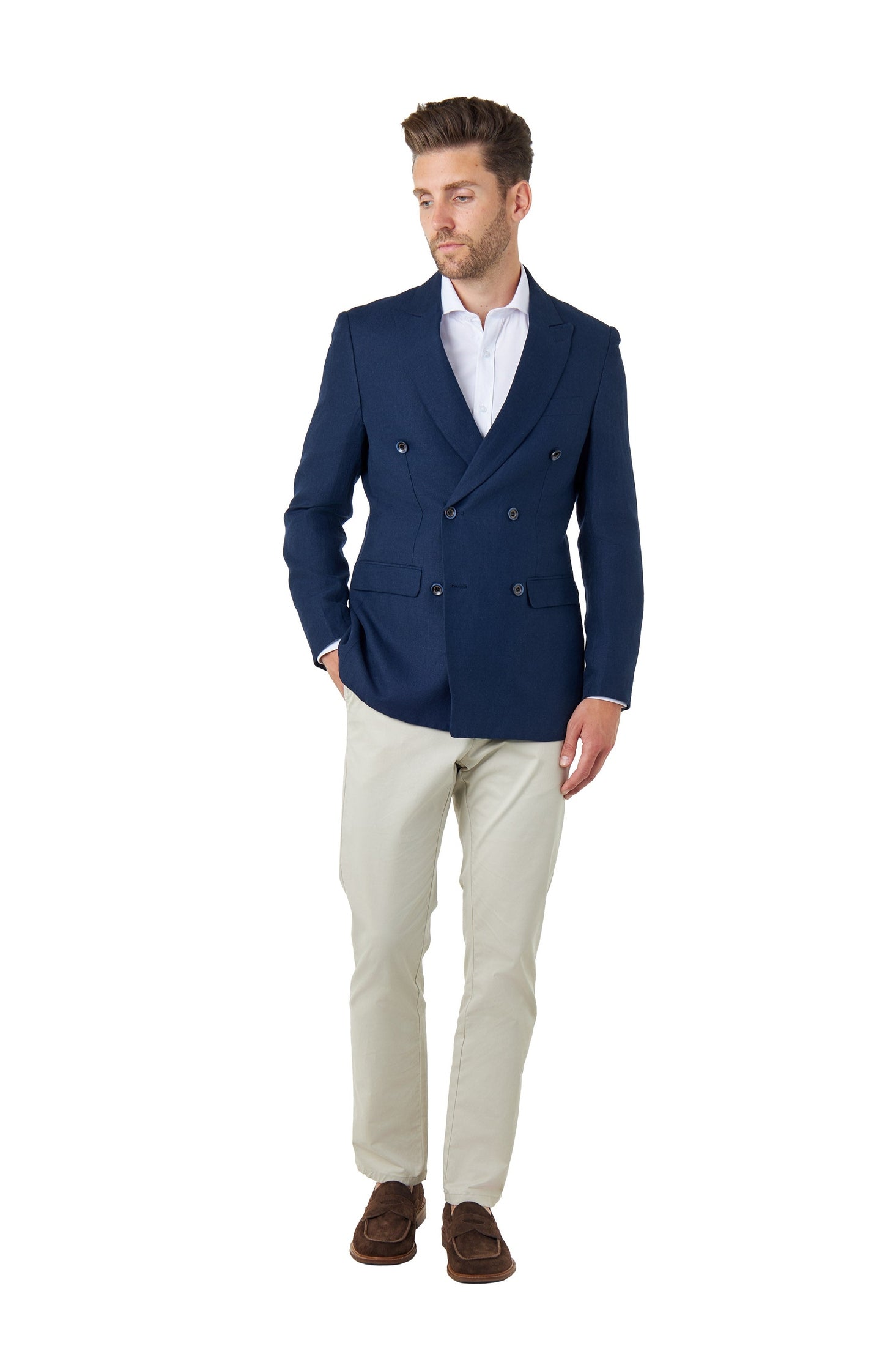 RAY - Tailored Fit Navy Herringbone Linen Double Breasted Jacket