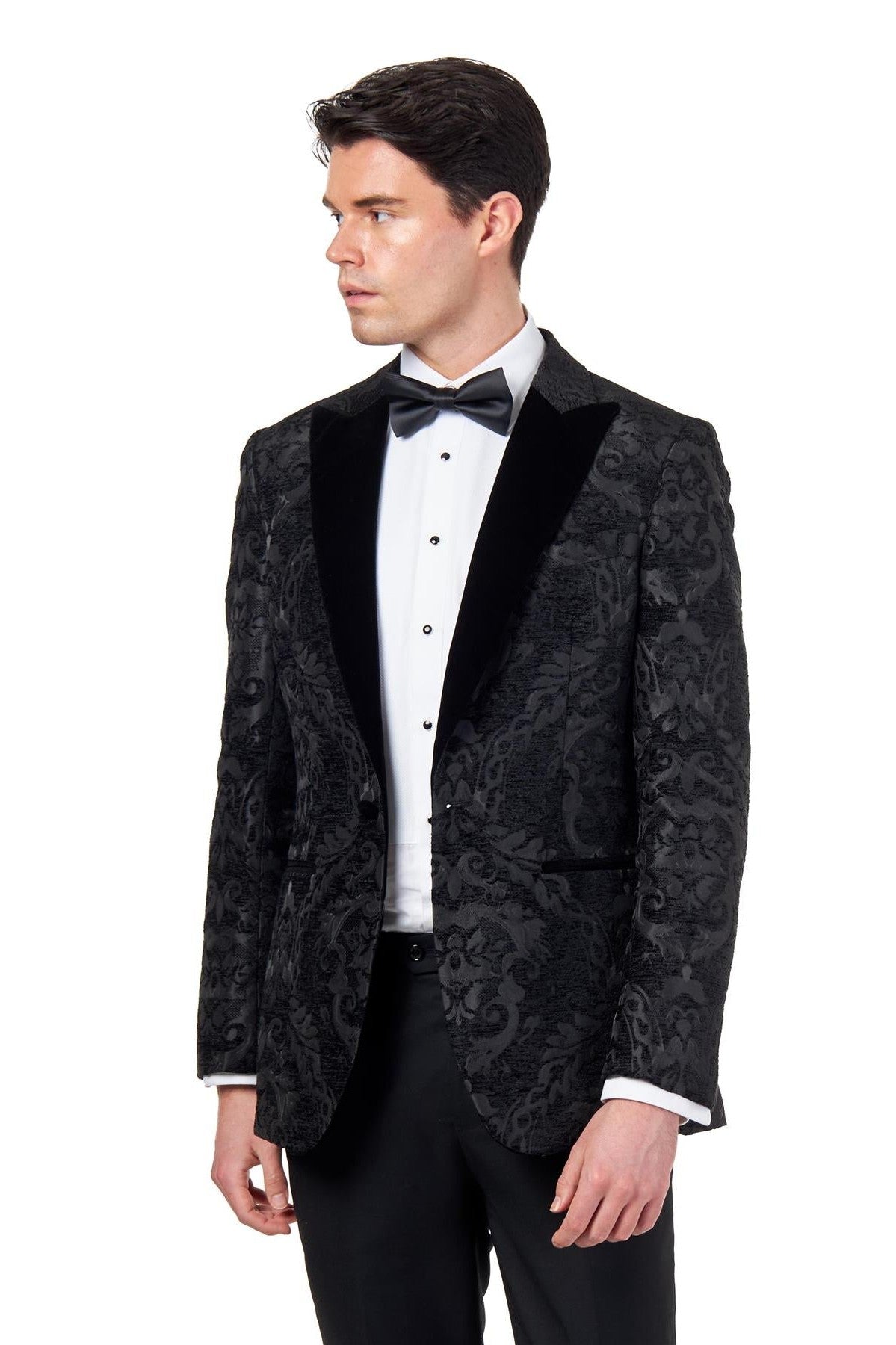 GLEN – BLACK ORNATE JACQUARD PRINT TUXEDO JACKET