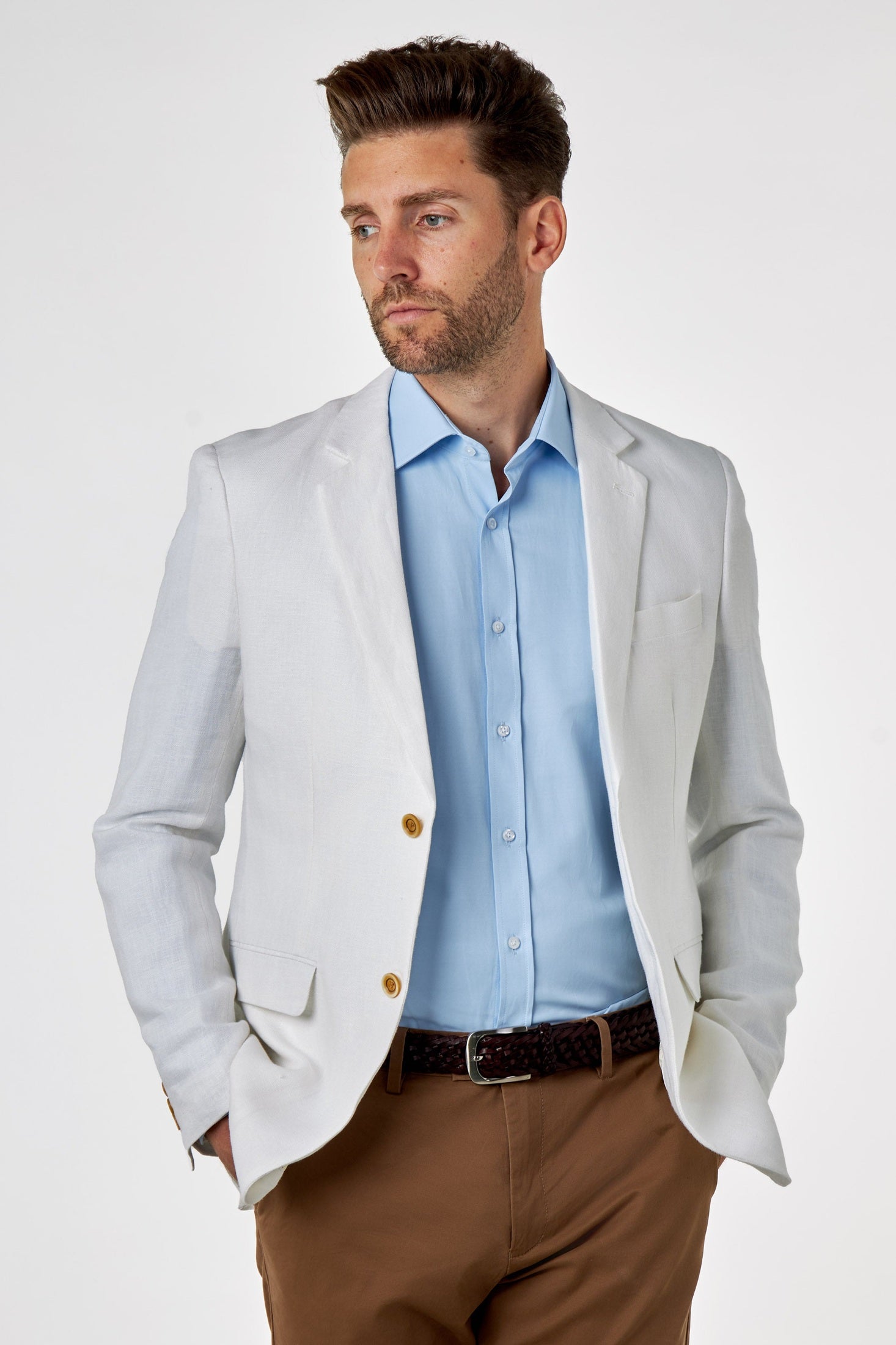 RAY - Tailored Fit Off White Herringbone Linen Suit Jacket