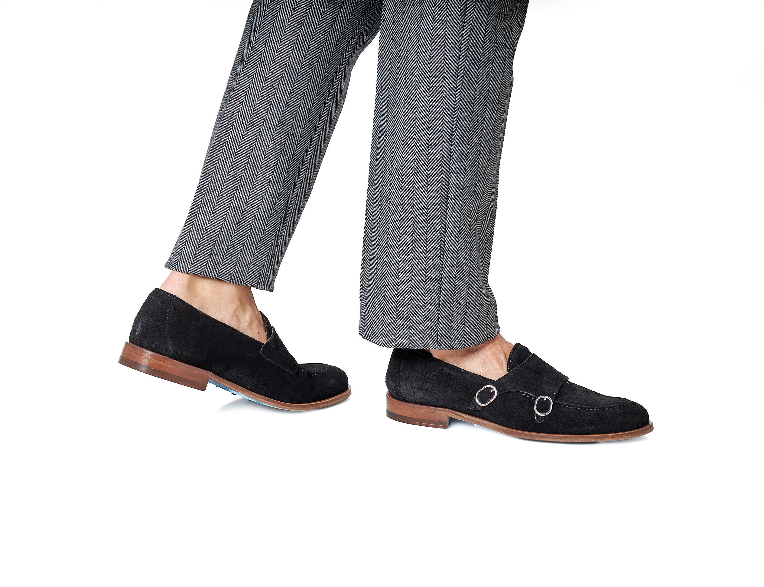 BLACK ITALIAN SUEDE DOUBLE BUCKLE MONK LOAFER