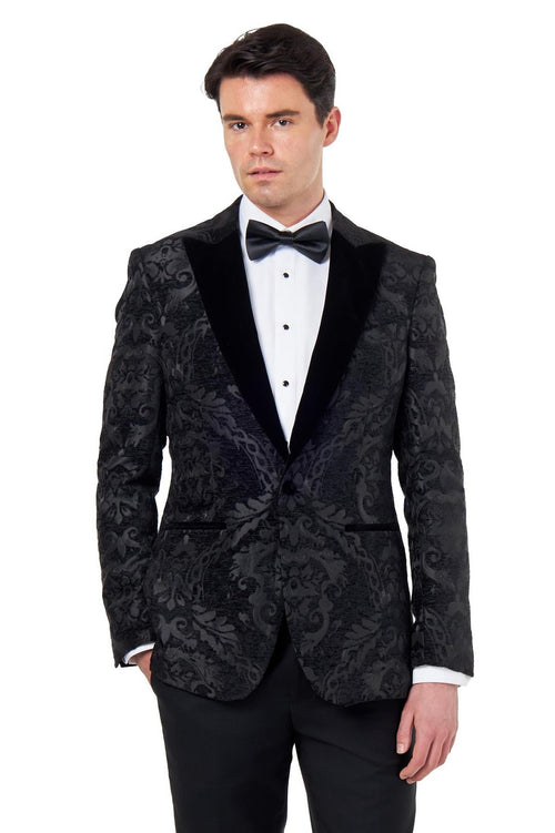 GLEN – BLACK ORNATE JACQUARD PRINT TUXEDO JACKET