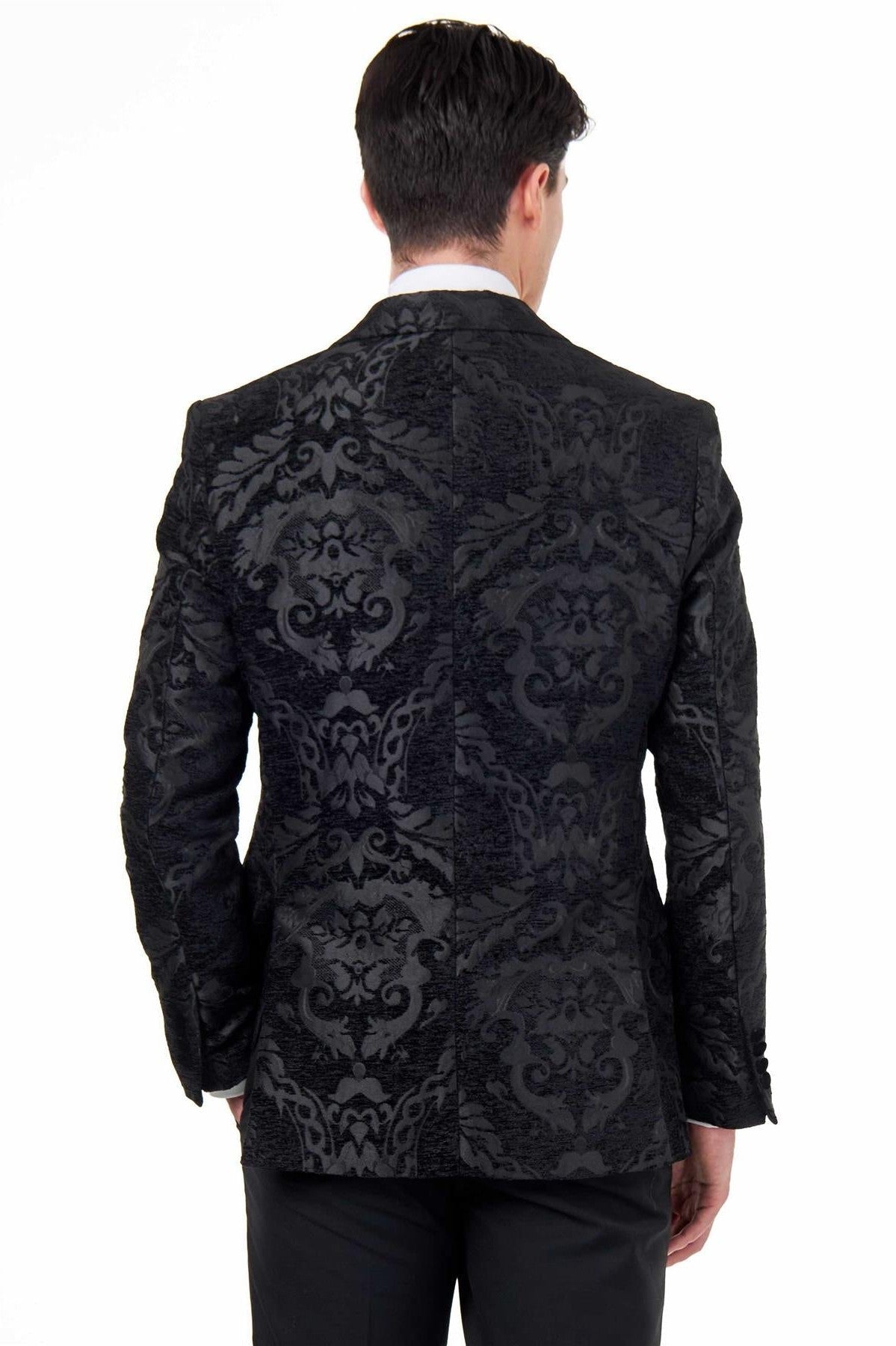 GLEN – BLACK ORNATE JACQUARD PRINT TUXEDO JACKET