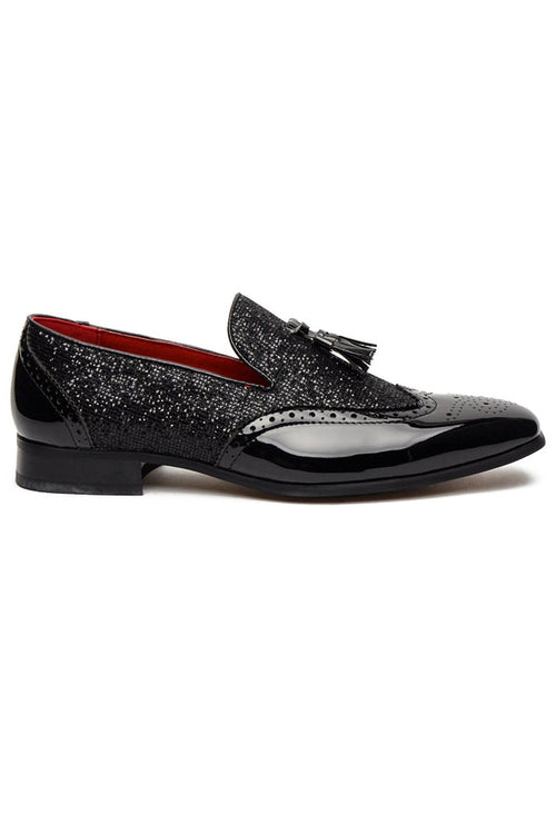 BLACK FAUX PATENT LEATHER SHINY GLITTER PARTY TASSEL LOAFER