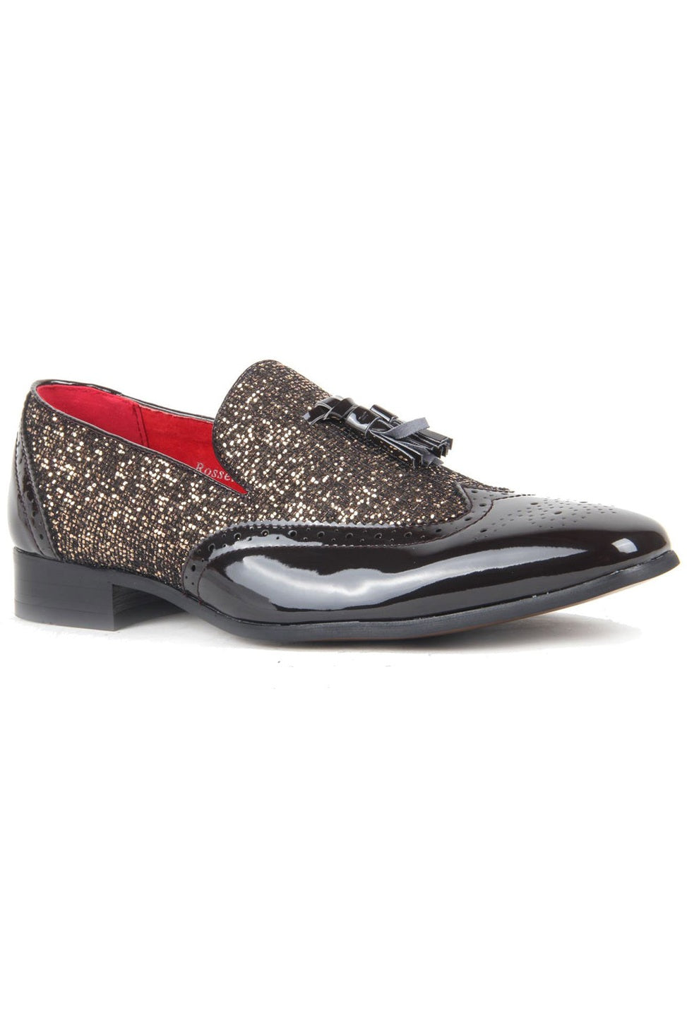 BLACK FAUX PATENT LEATHER GOLD SHINY GLITTER PARTY TASSEL LOAFER