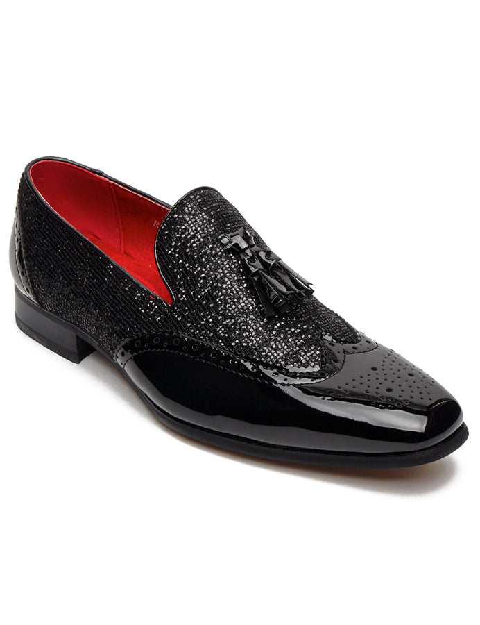 BLACK FAUX PATENT LEATHER SHINY GLITTER PARTY TASSEL LOAFER