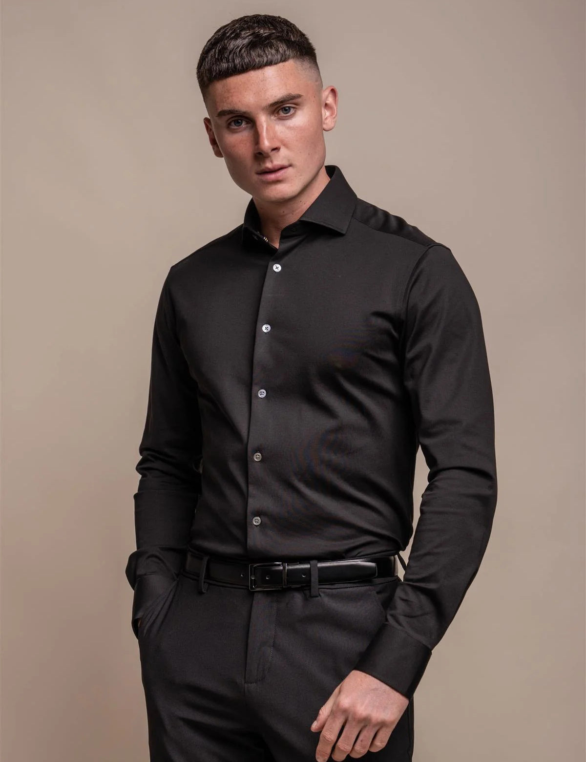 Cavani – Black Cotton Blend Stretch Slim Fit Shirt