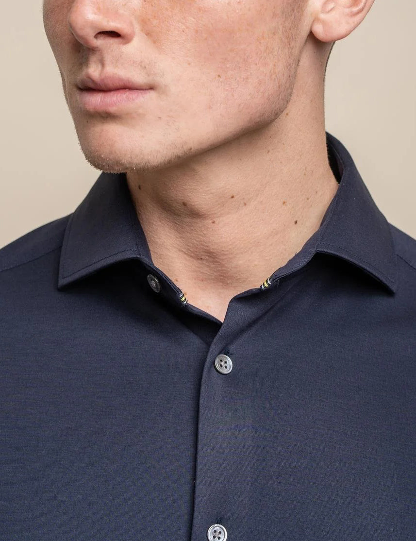 Cavani – Navy Cotton Blend Stretch Slim Fit Shirt