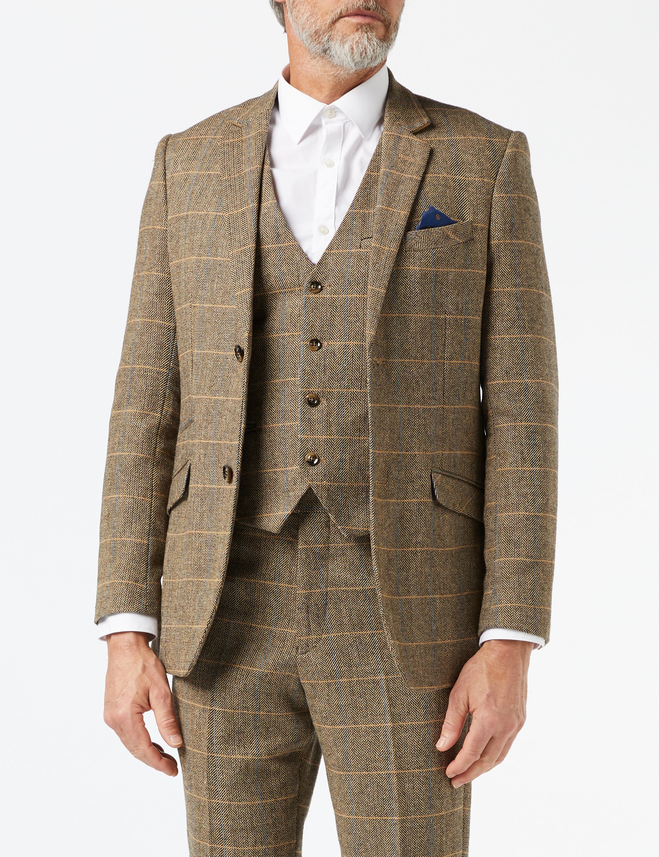 TWEED CHECK HERRINGBONE TAN SUIT JACKET & WAISTCOAT