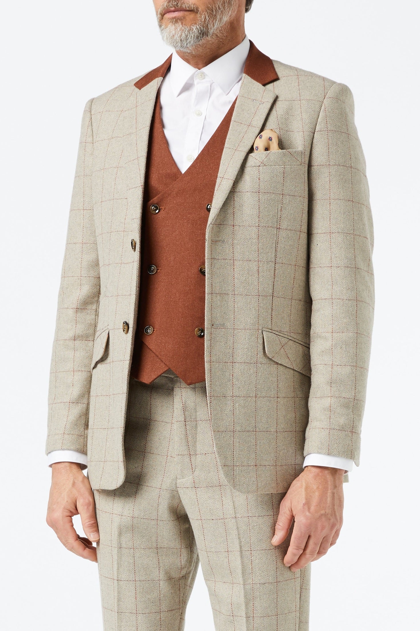 THEO - TWEED HERRINGBONE RED CHECK ON BEIGE JACKET & WAISTCOAT