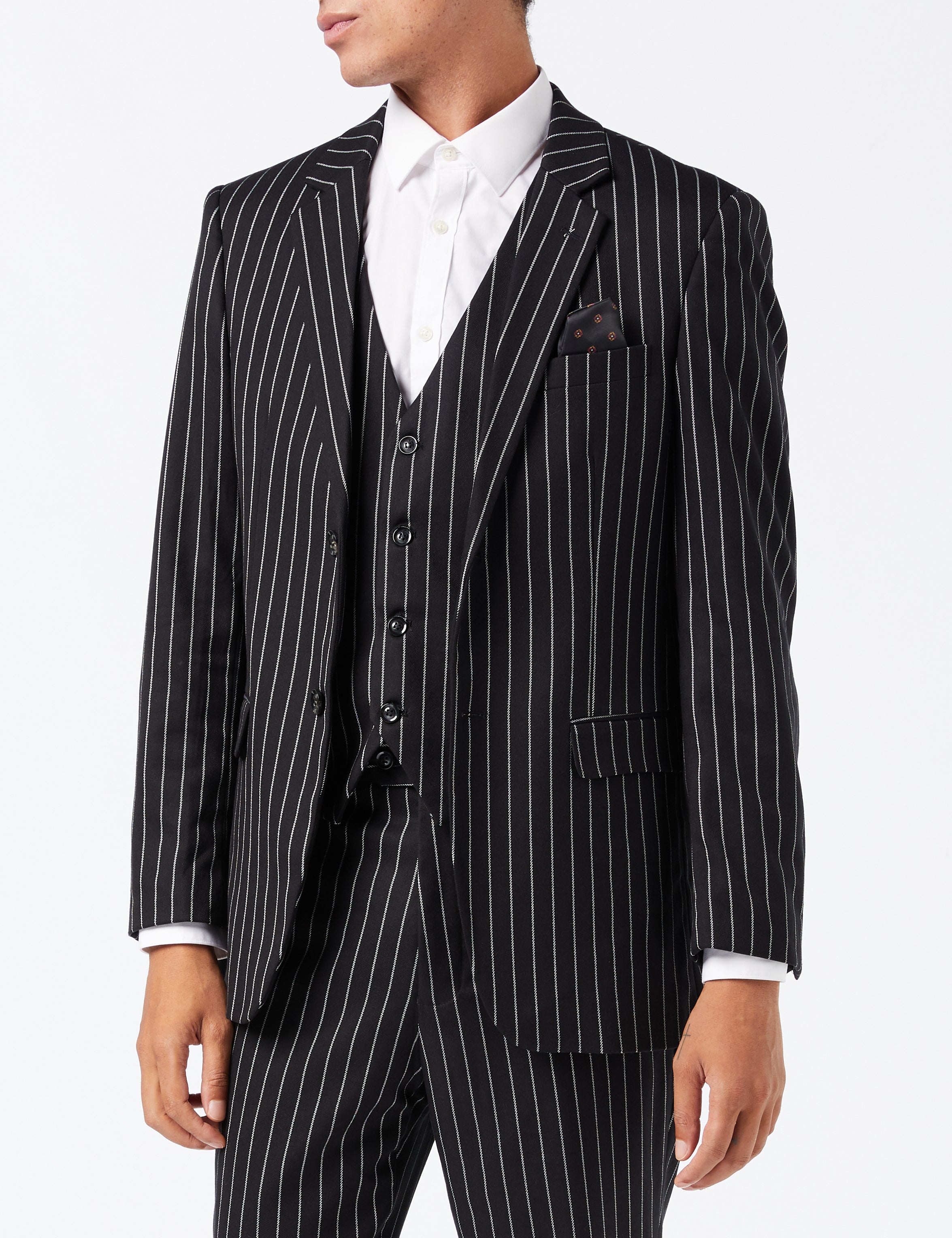 WHITE PIN STRIPE BLACK SUIT JACKET & WAISTCOAT