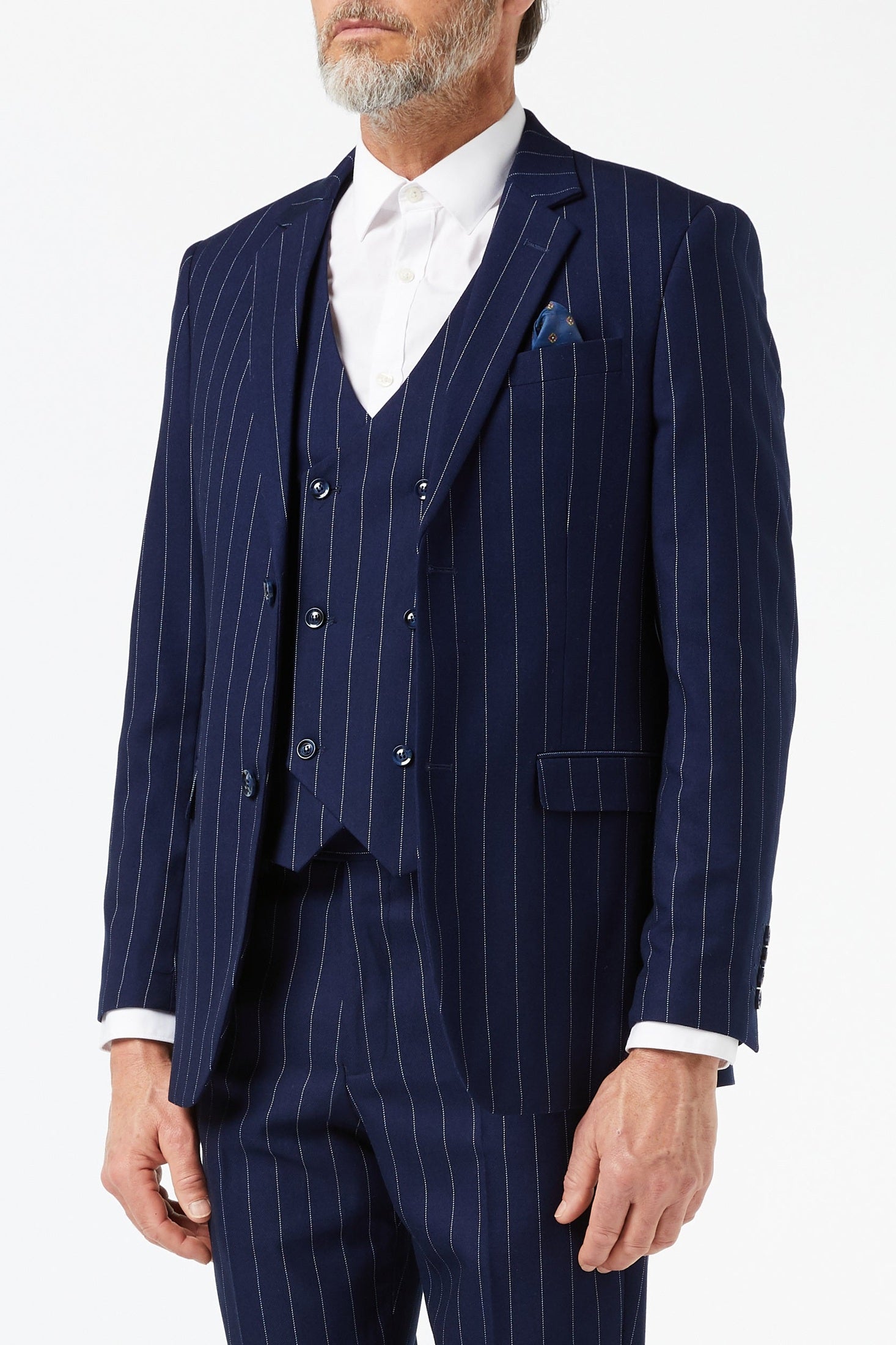 WHITE PINSTRIPE ON NAVY JACKET & WAISTCOAT