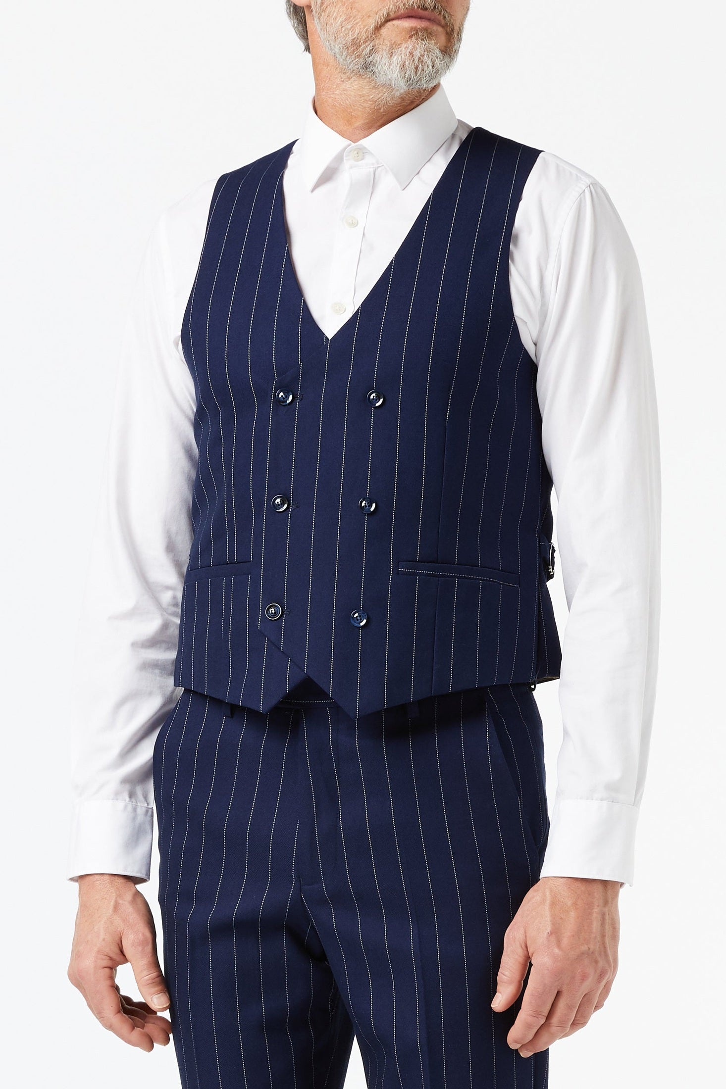 WHITE PINSTRIPE ON NAVY JACKET & WAISTCOAT