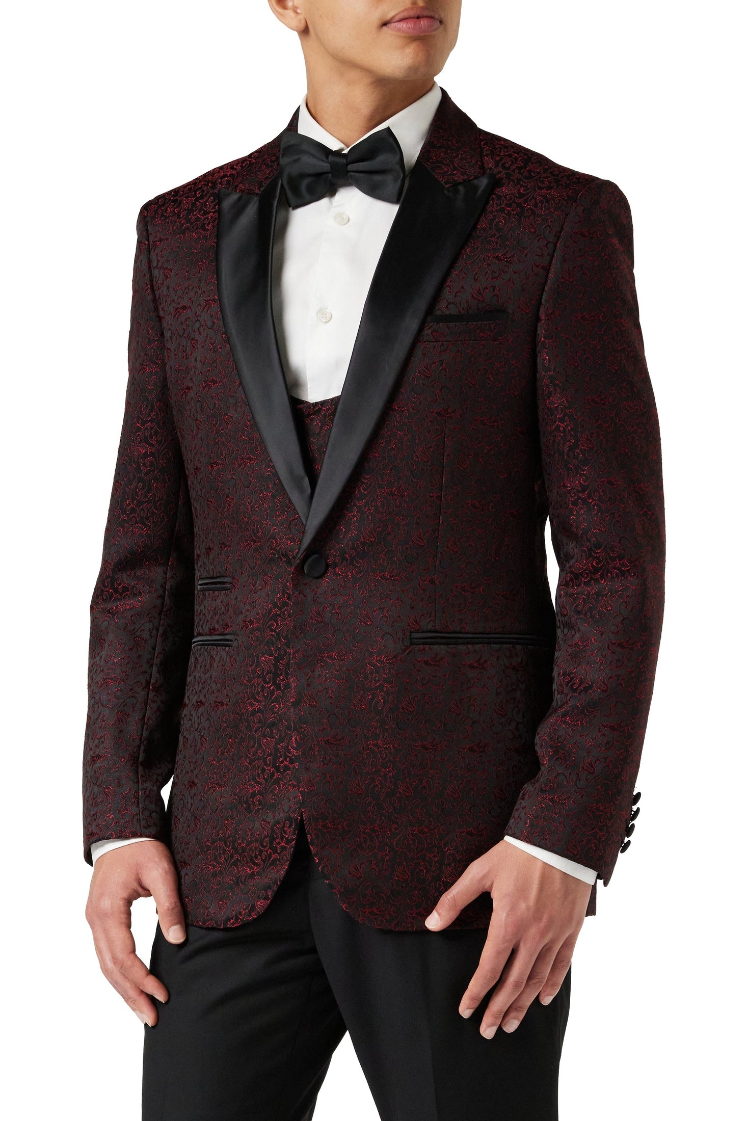 BRIAN - Floral Jacquard Print Red Tuxedo Jacket With Waistcoat