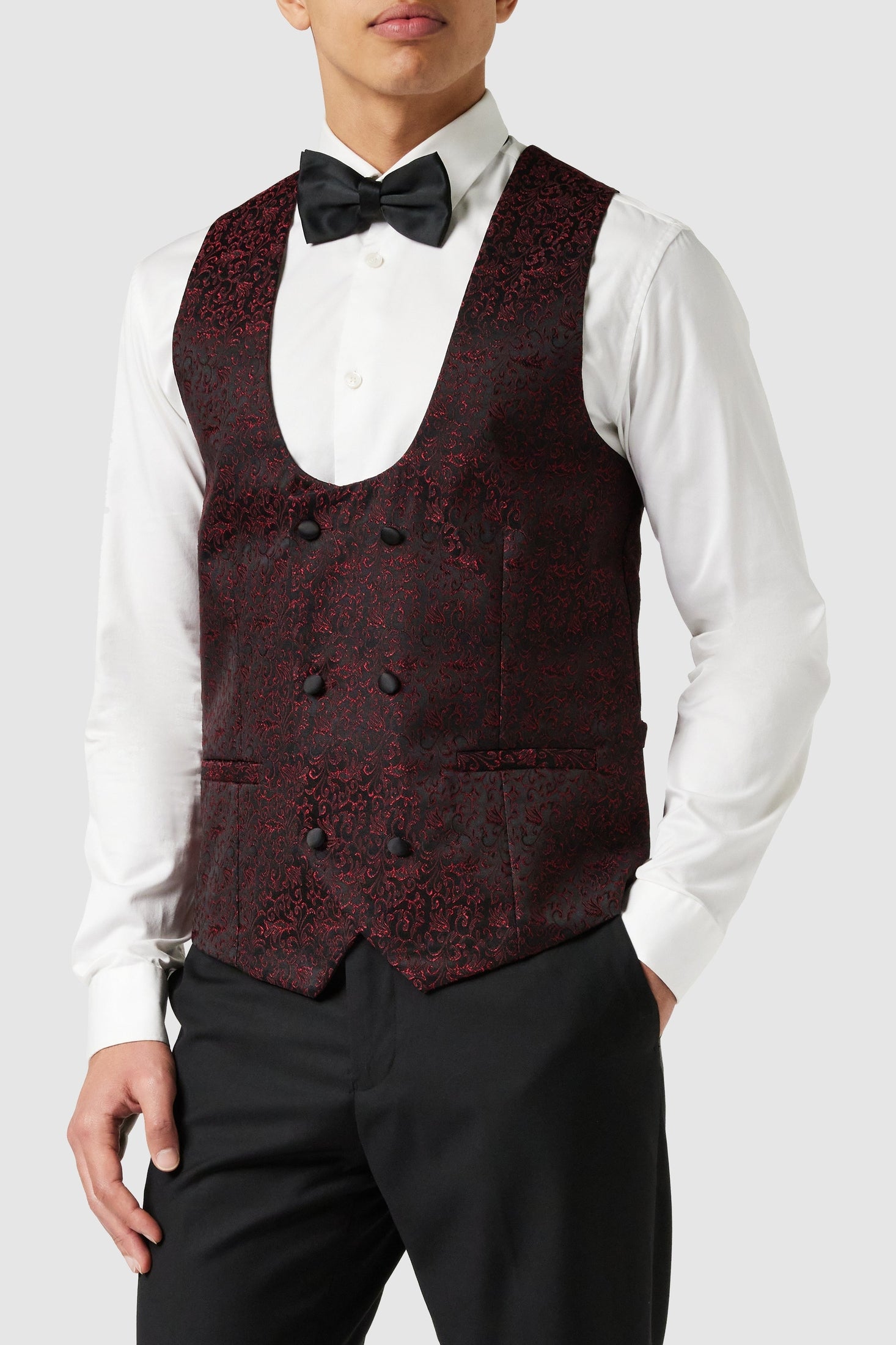 BRIAN - Floral Jacquard Print Red Tuxedo Jacket With Waistcoat