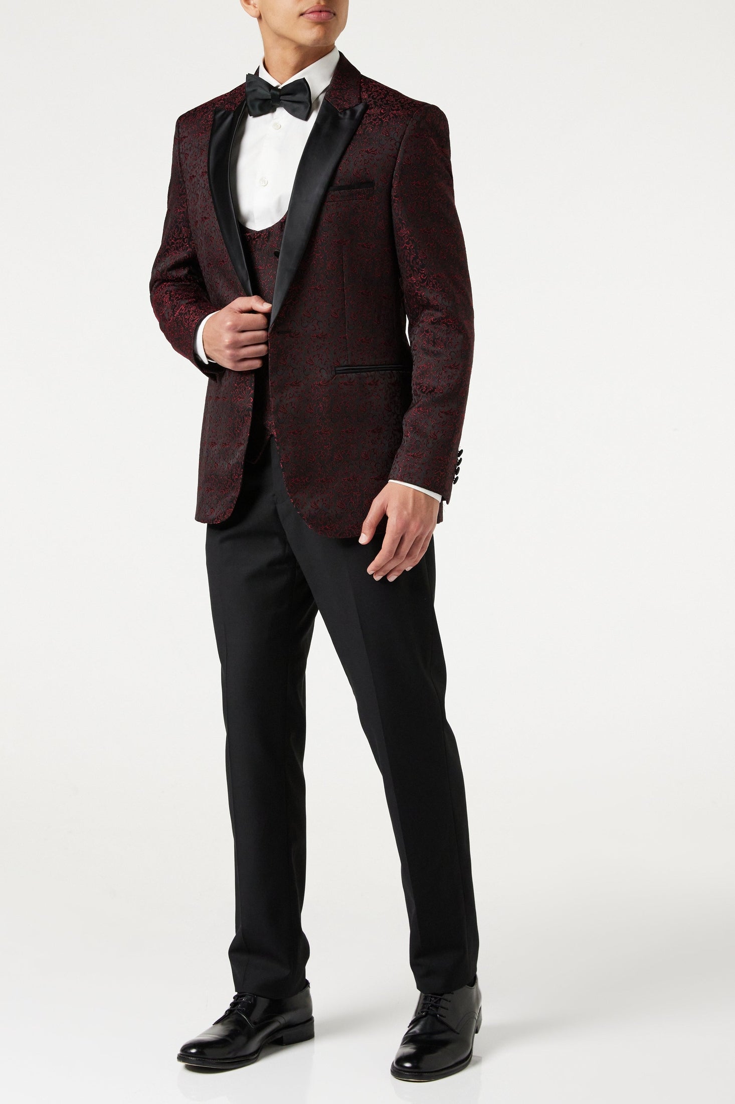BRIAN - Floral Jacquard Print Red Tuxedo Jacket With Waistcoat