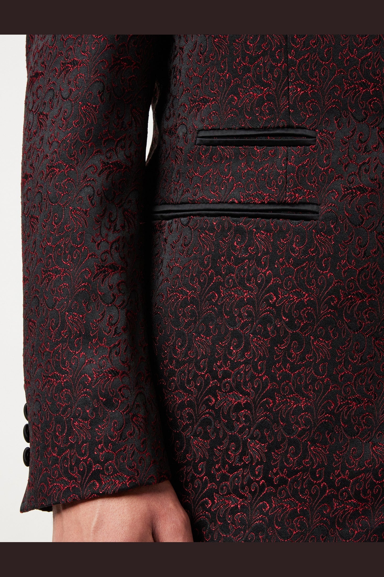 BRIAN - Floral Jacquard Print Red Tuxedo Jacket With Waistcoat