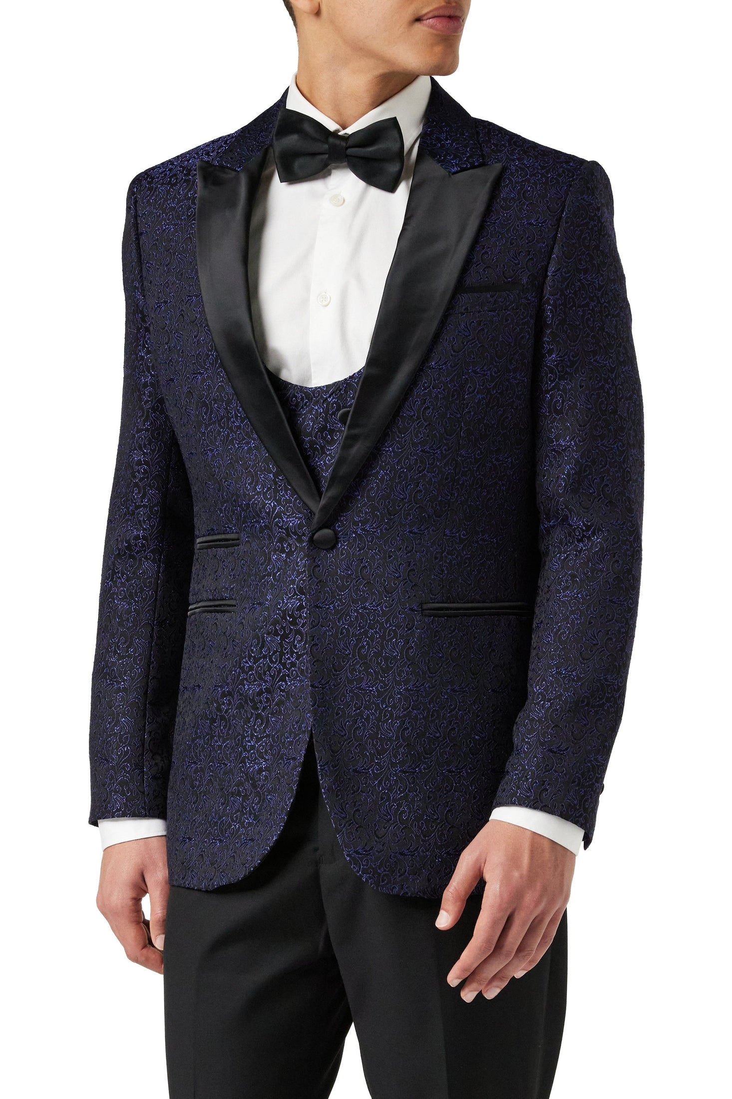 BRIAN - Floral Jacquard Print Blue Tuxedo Jacket With Waistcoat