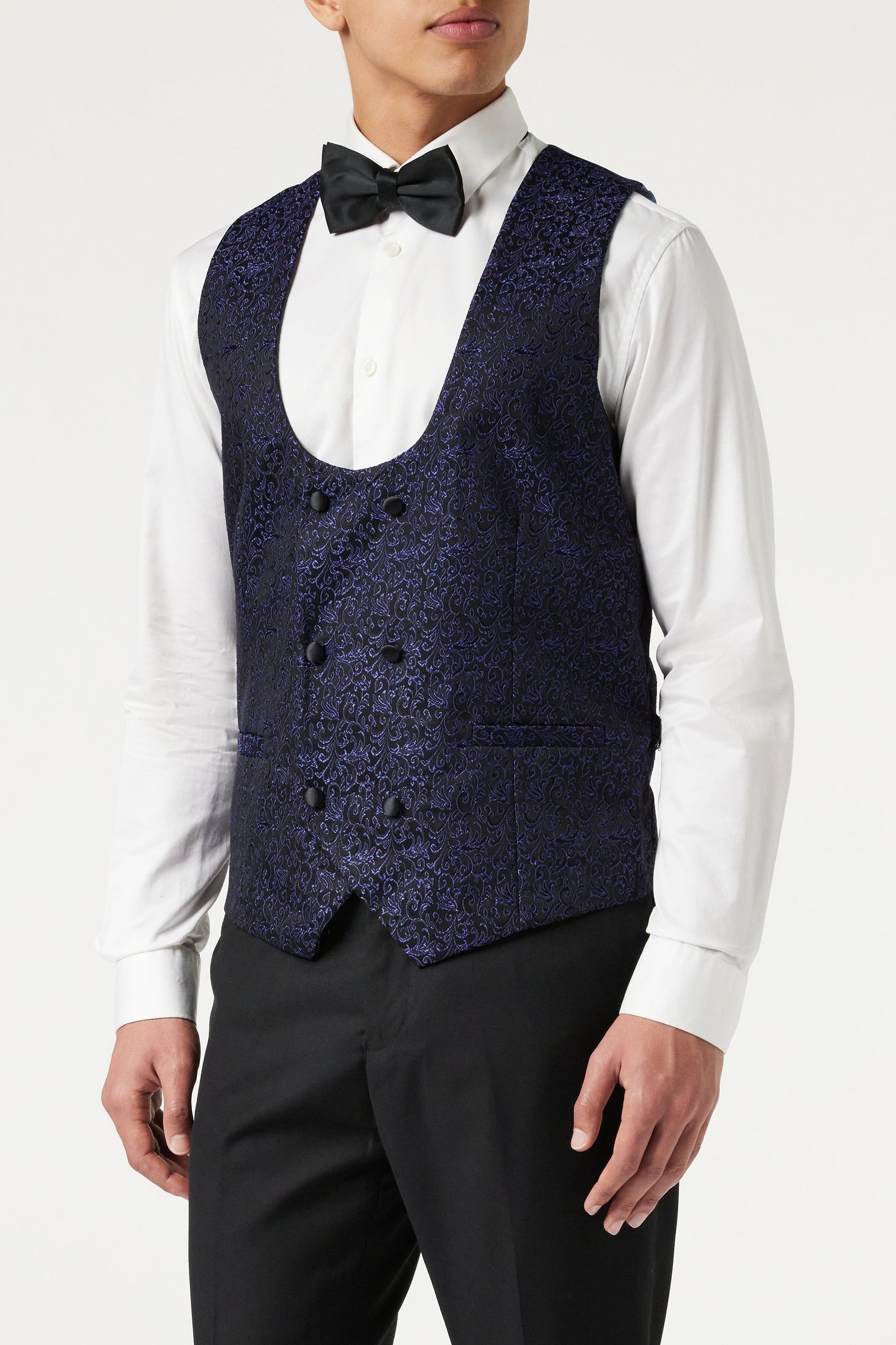 BRIAN - Floral Jacquard Print Blue Tuxedo Jacket With Waistcoat