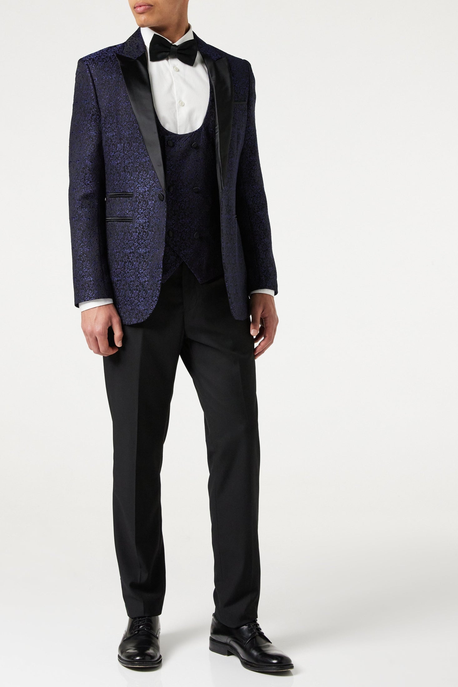 BRIAN - Floral Jacquard Print Blue Tuxedo Jacket With Waistcoat