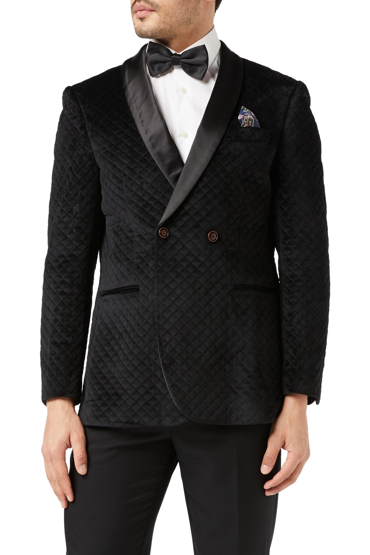 RHOM - Black Quilted Velvet Double Breasted Tuxedo Jacket