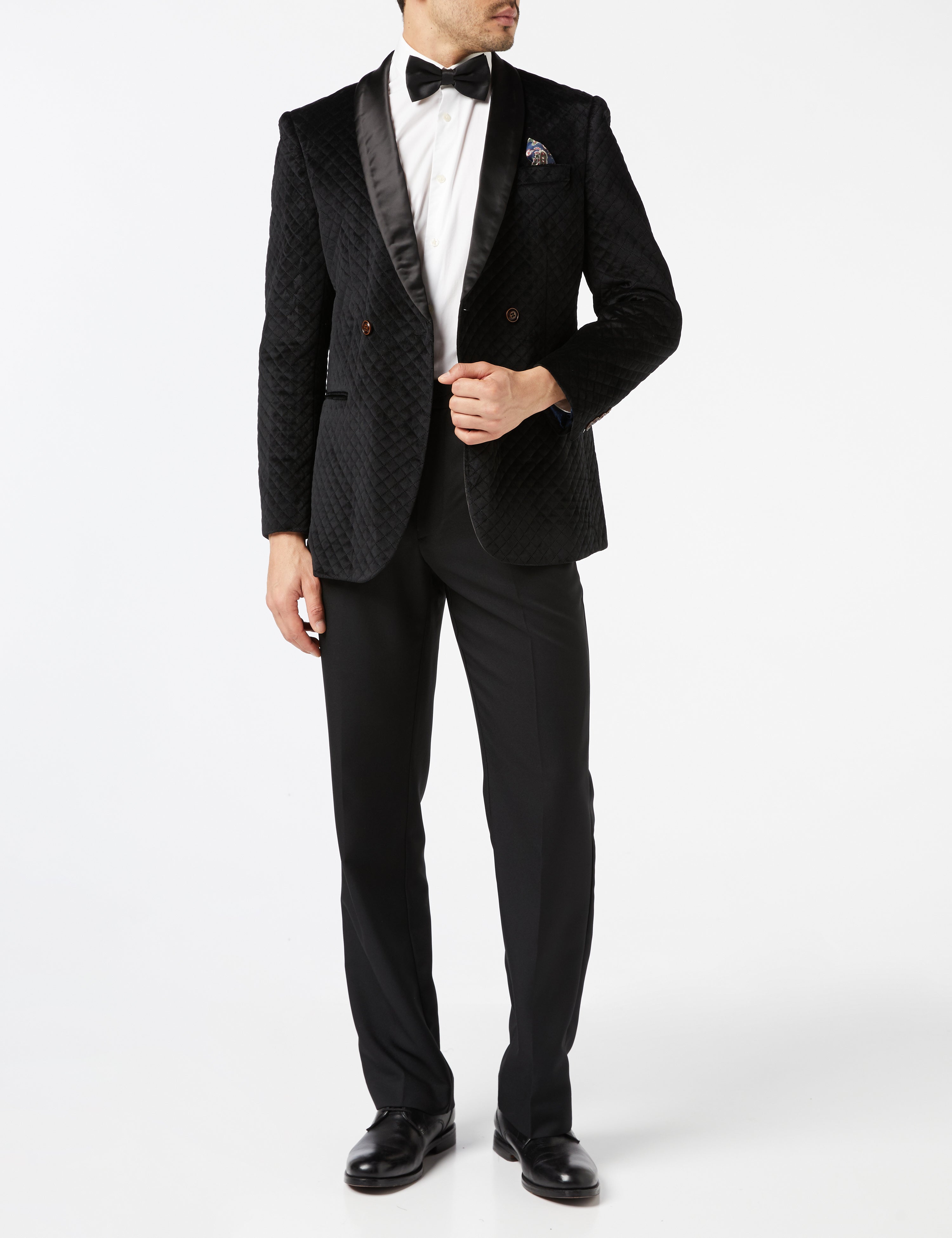 RHOM - Black Quilted Velvet Double Breasted Tuxedo Jacket