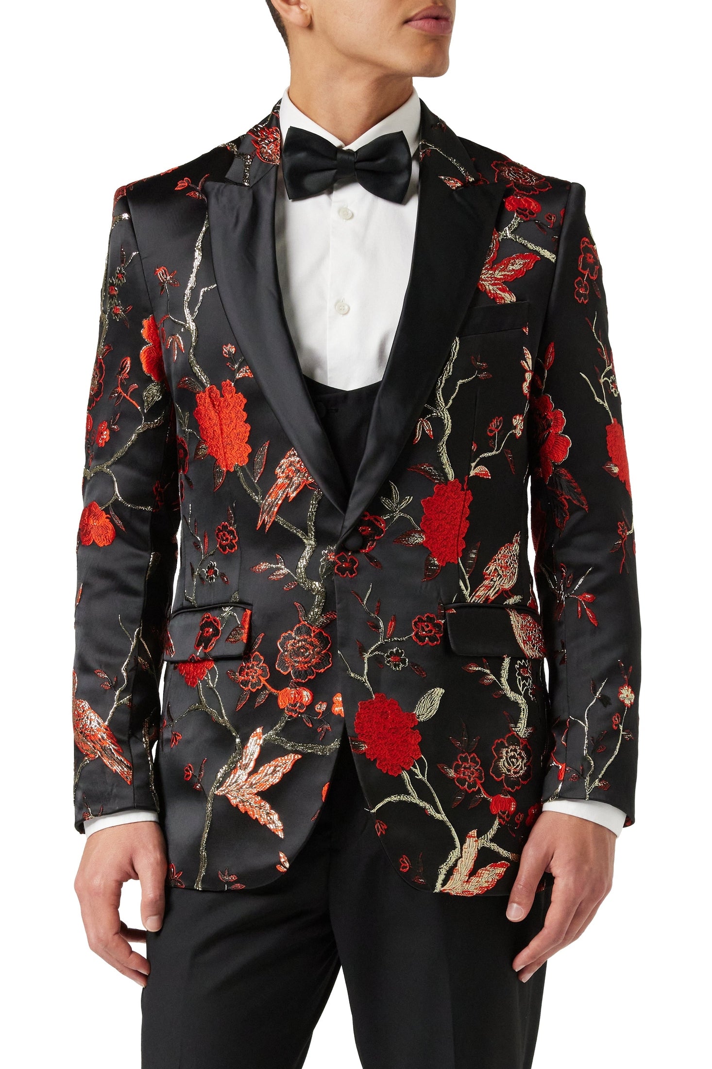 TUXEDO BLACK RED FLORAL BLAZER
