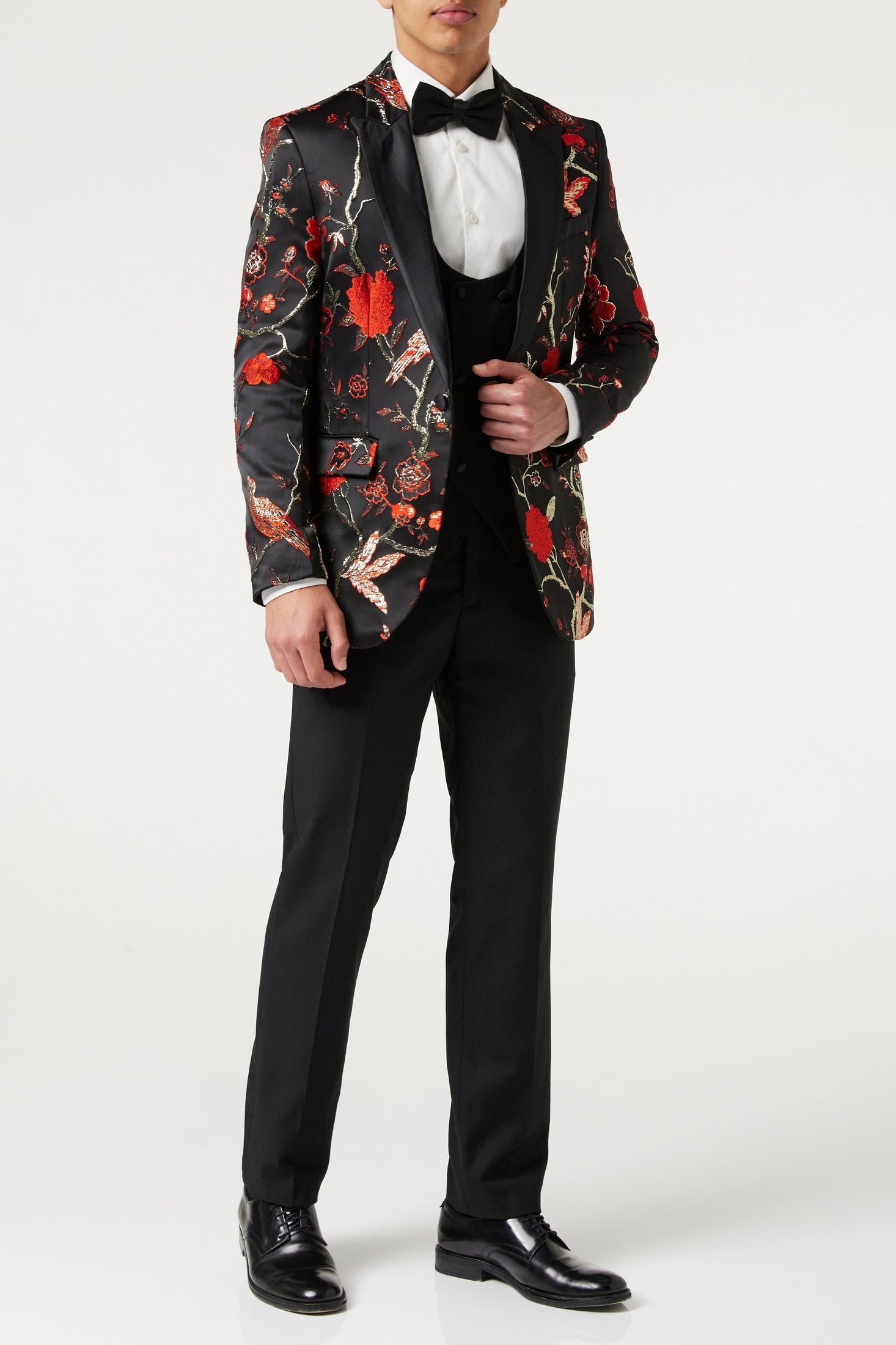 TUXEDO BLACK RED FLORAL BLAZER