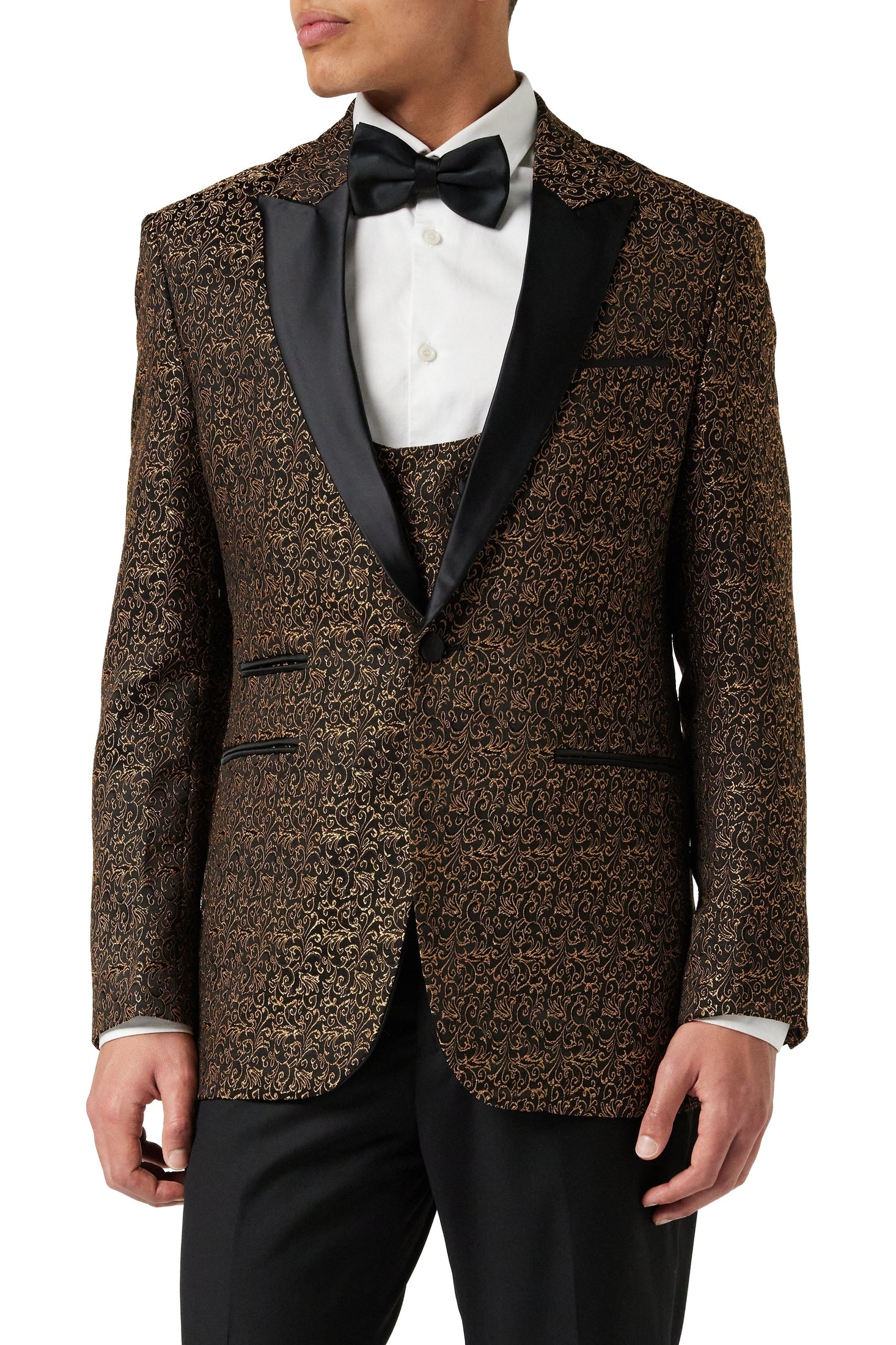 BRIAN - Floral Jacquard Print Gold Tuxedo Jacket With Waistcoat