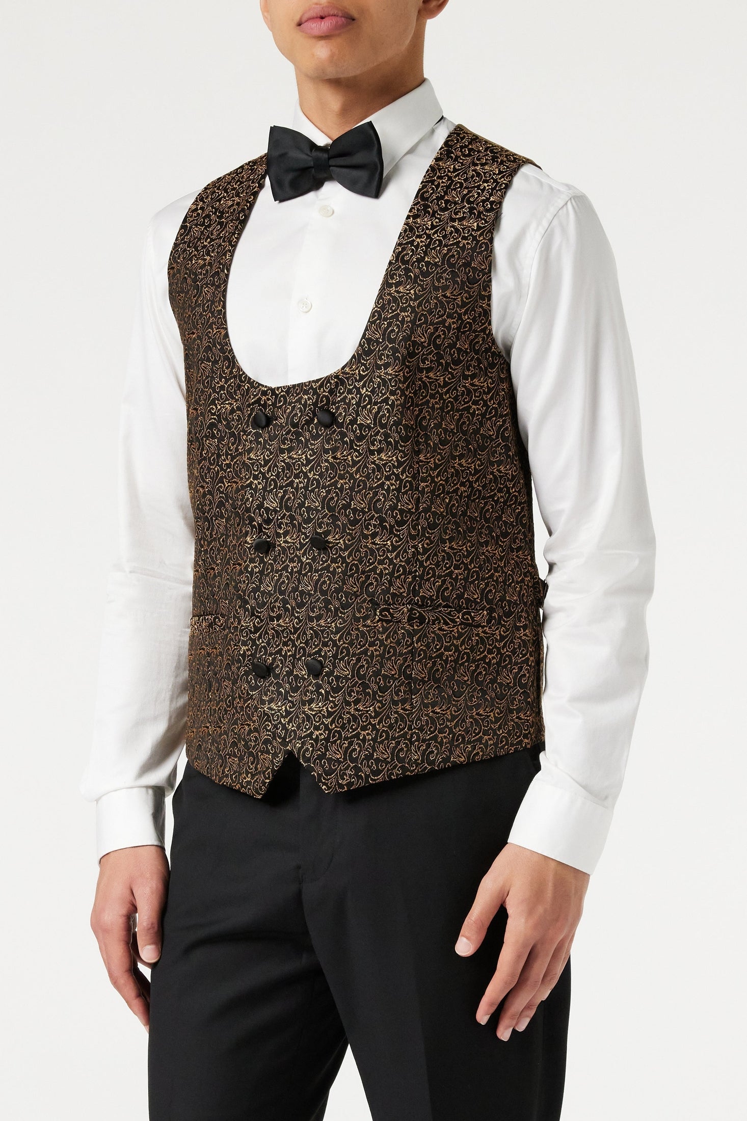 BRIAN - Floral Jacquard Print Gold Tuxedo Jacket With Waistcoat