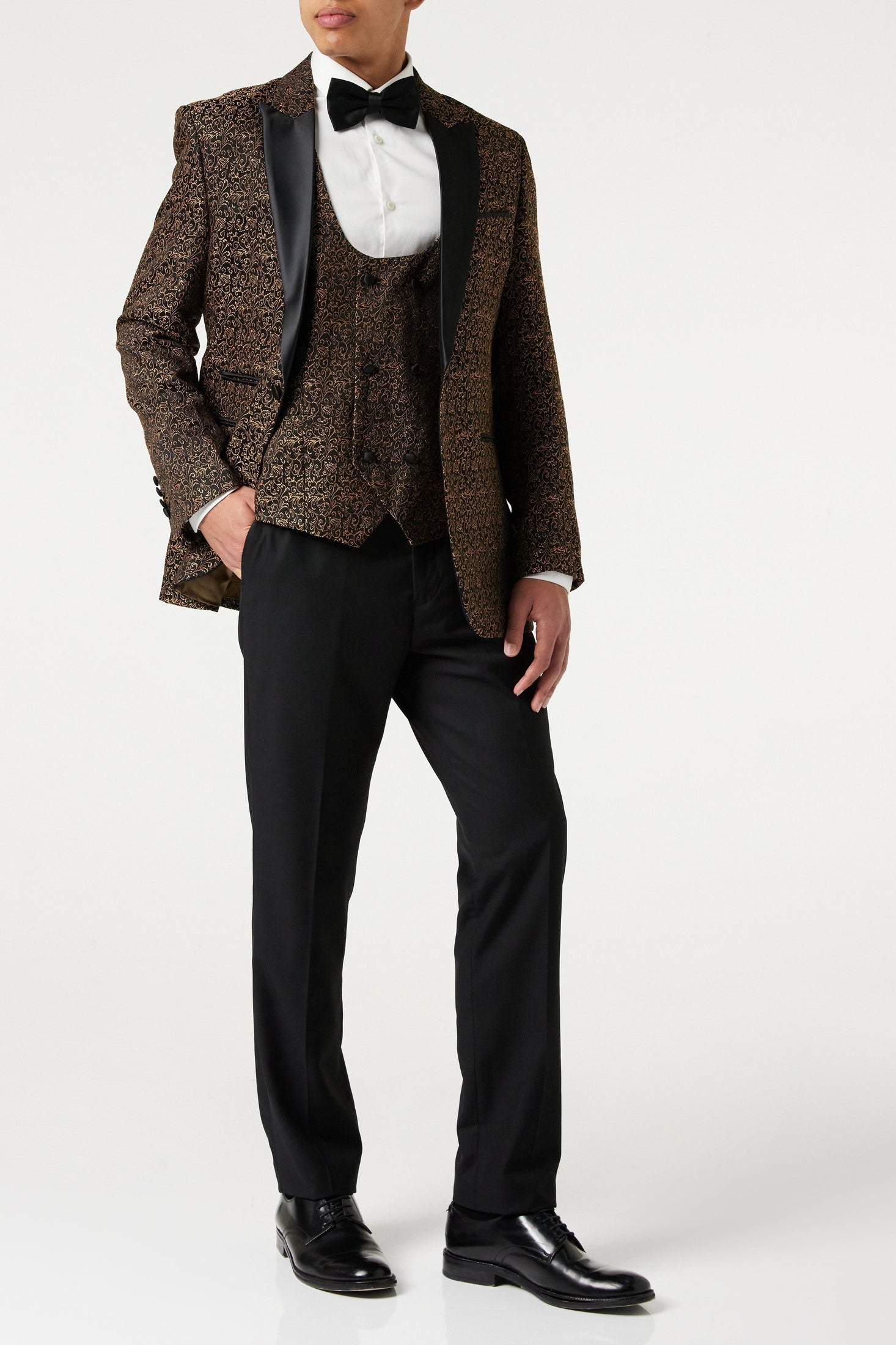 BRIAN - Floral Jacquard Print Gold Tuxedo Jacket With Waistcoat