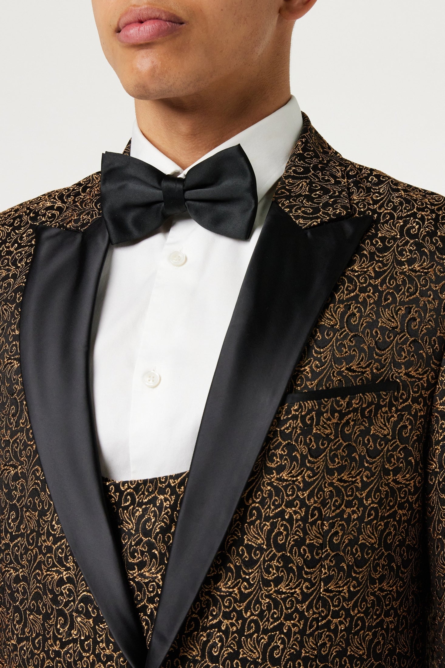 BRIAN - Floral Jacquard Print Gold Tuxedo Jacket With Waistcoat
