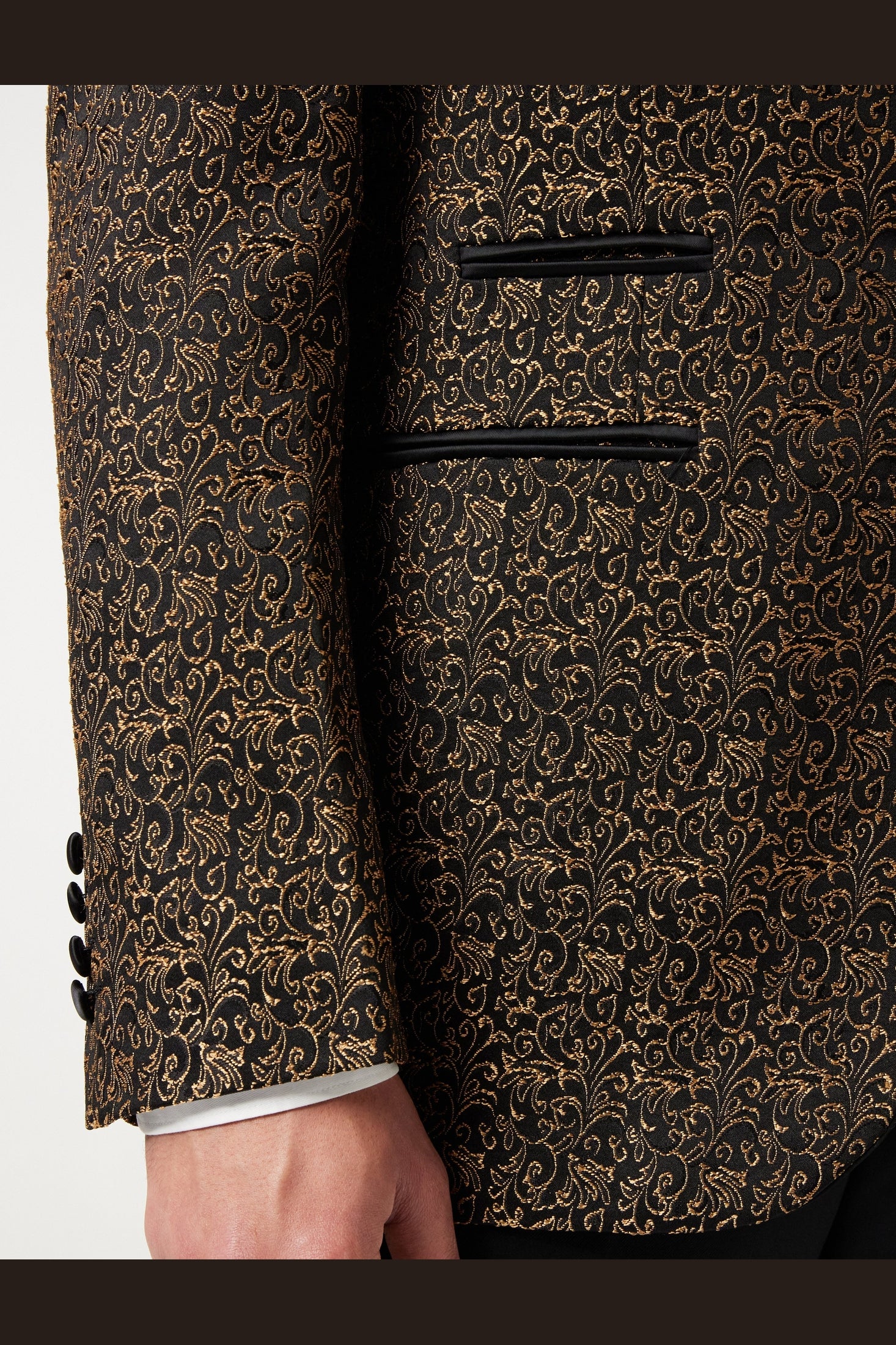 BRIAN - Floral Jacquard Print Gold Tuxedo Jacket With Waistcoat