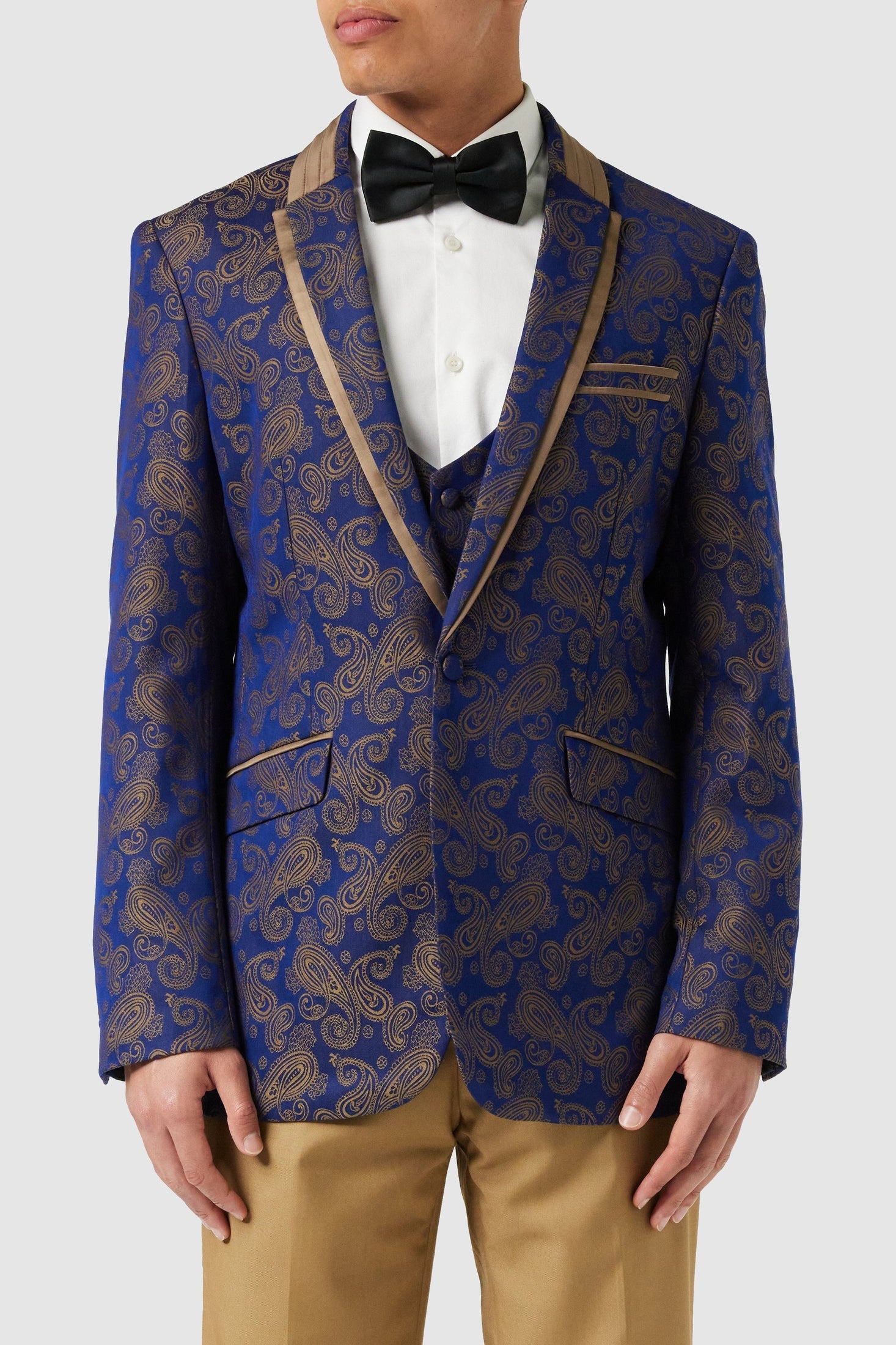NAVY GOLD BROCADE WEDDING JACKET & WAISTCOAT