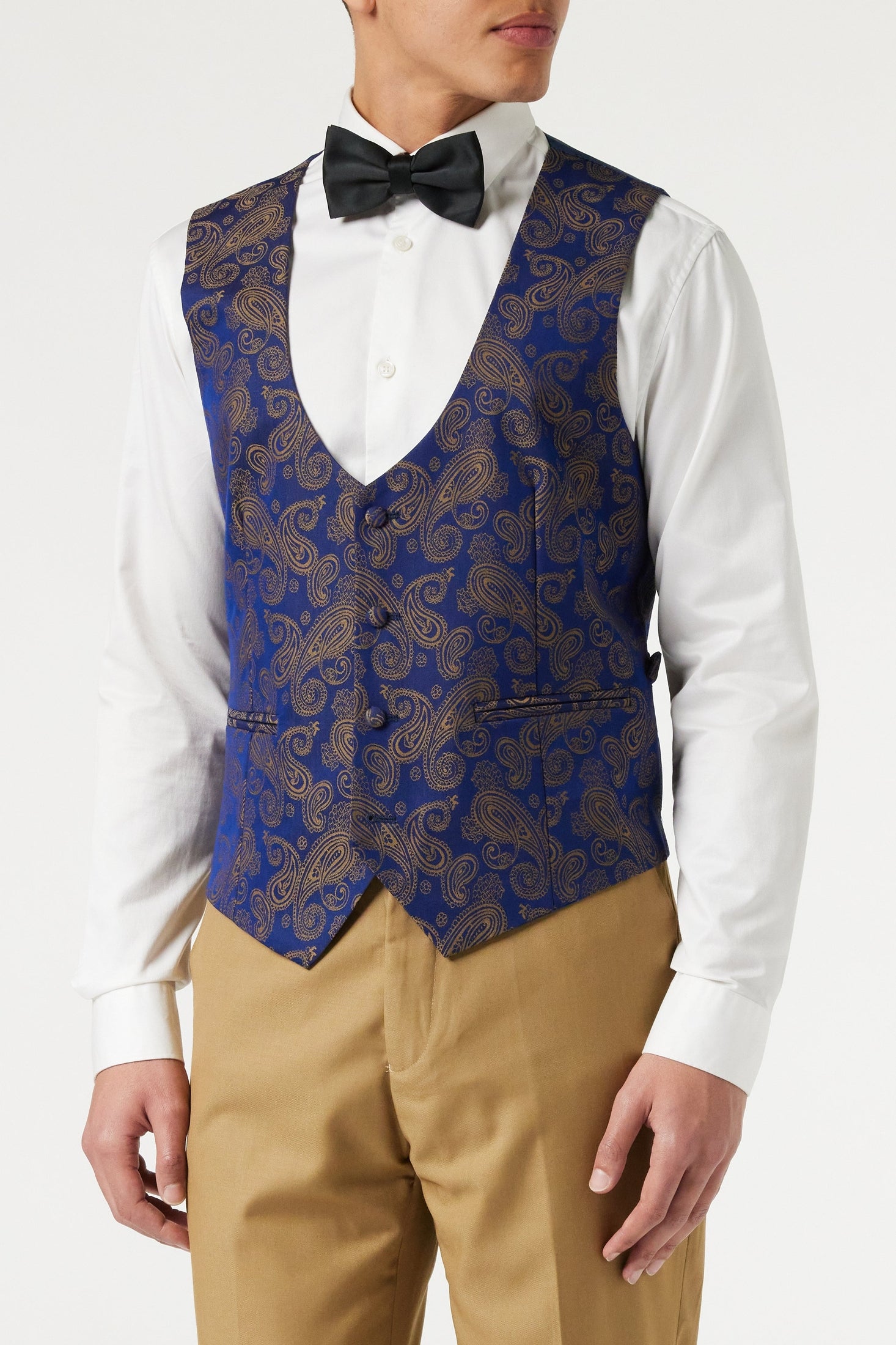 NAVY GOLD BROCADE WEDDING JACKET & WAISTCOAT
