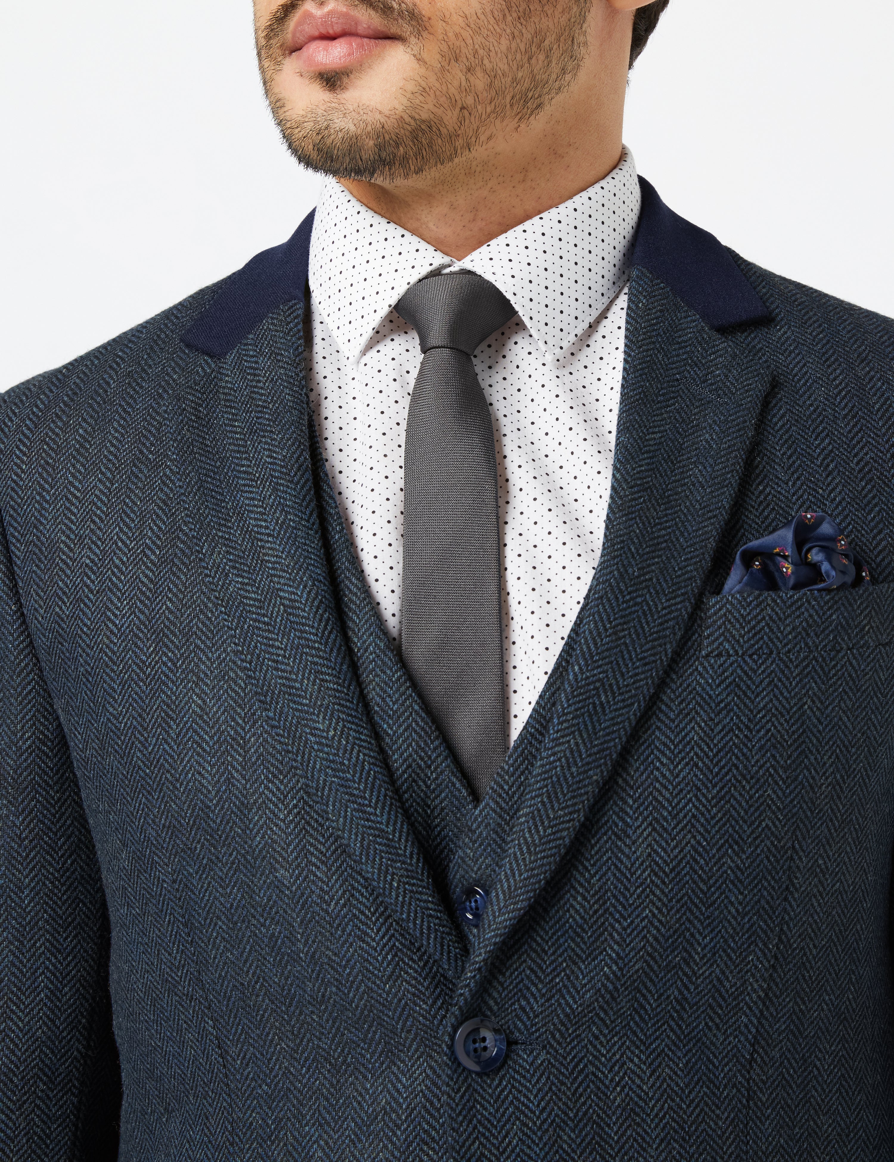 NAVY HERRINGBONE TWEED SUIT JACKET & WAISTCOAT