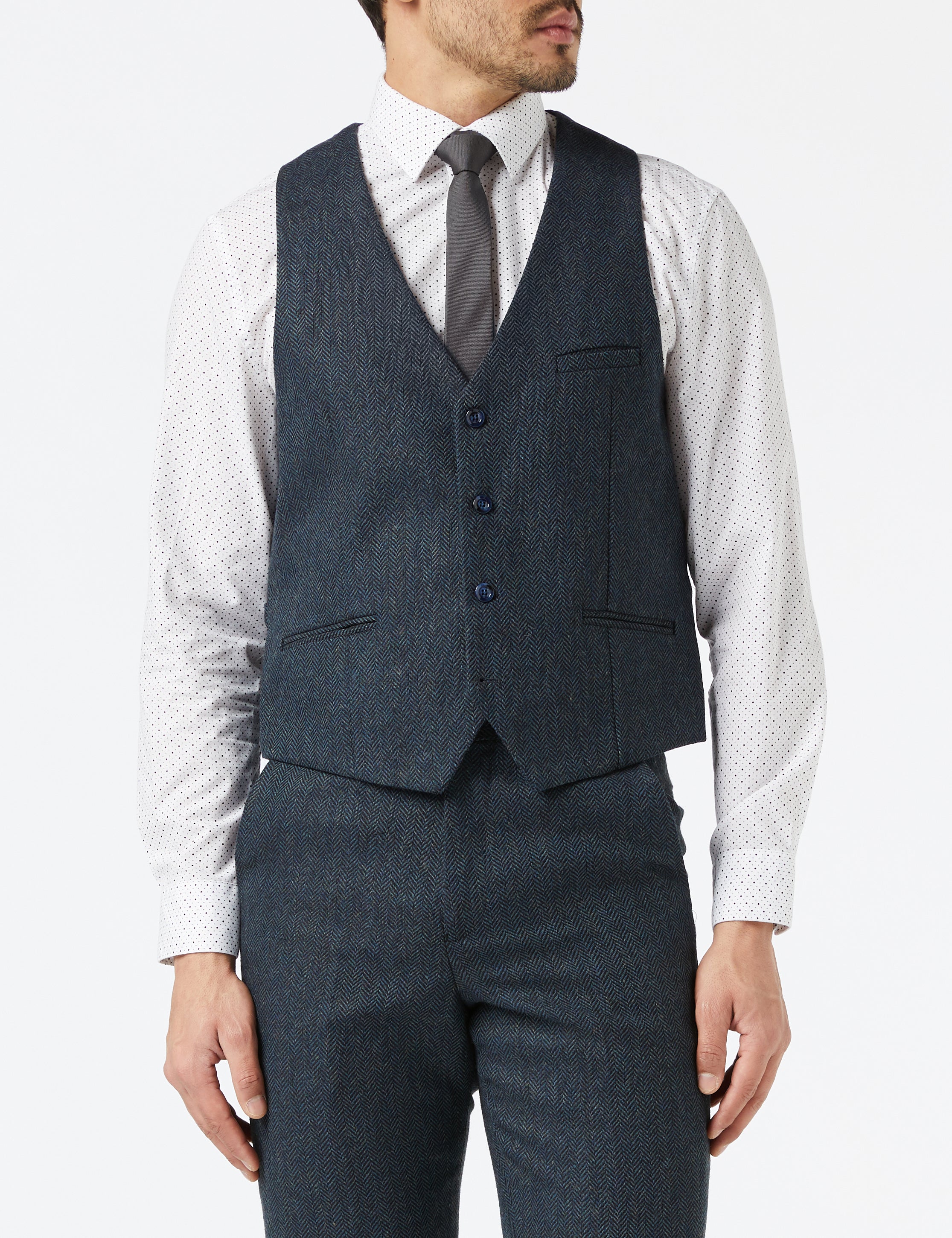 NAVY HERRINGBONE TWEED SUIT JACKET & WAISTCOAT