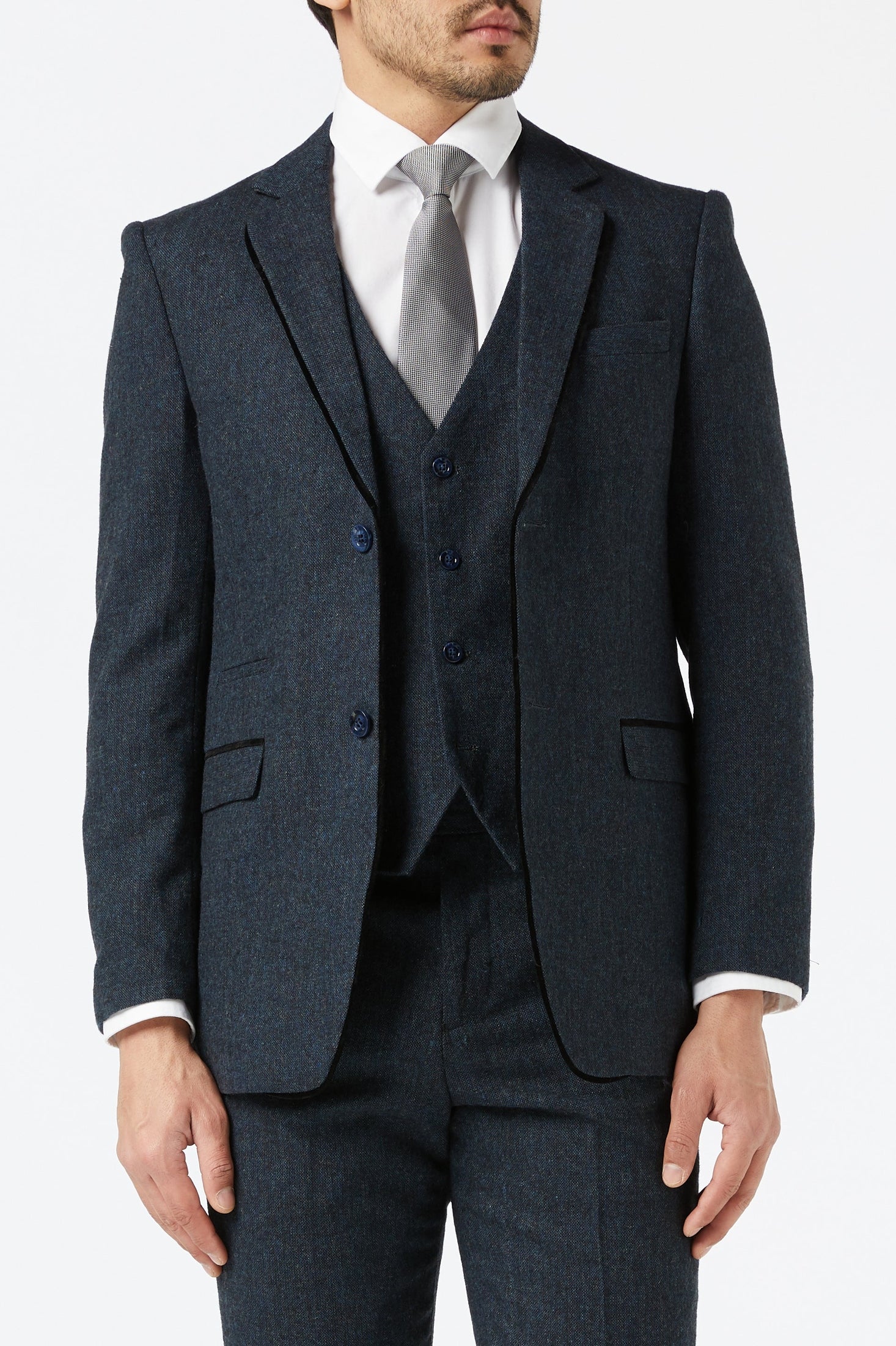 BLUE TWEED TAILORED FIT JACKET & WAISTCOAT