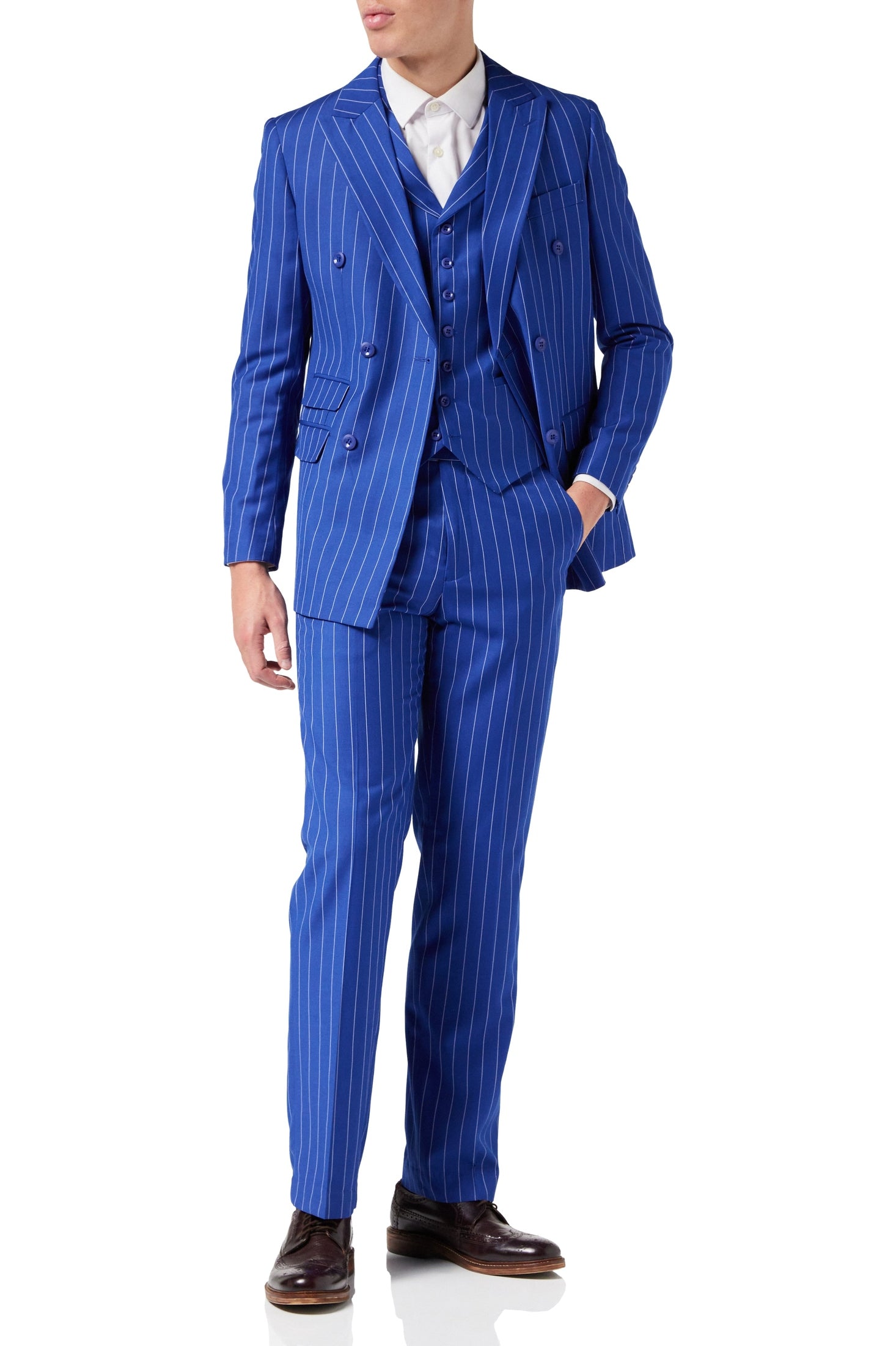 BLUE DOUBLE BREASTED WIDE CHALK STRIPE JACKET