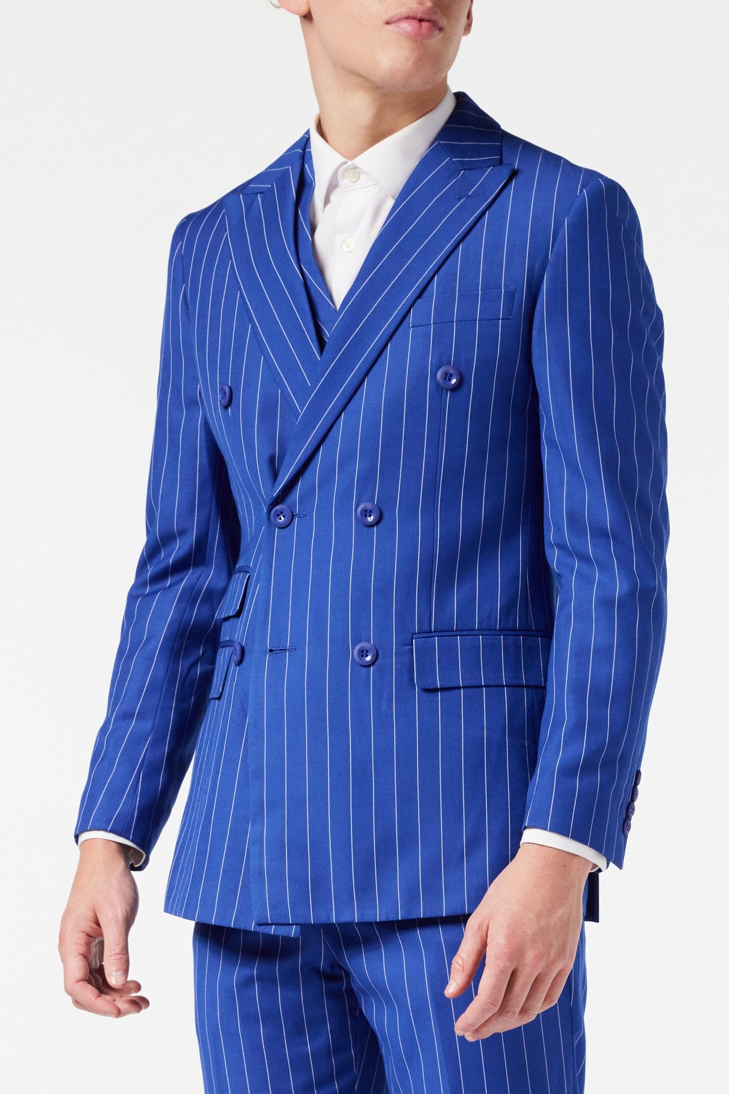 BLUE DOUBLE BREASTED WIDE CHALK STRIPE JACKET