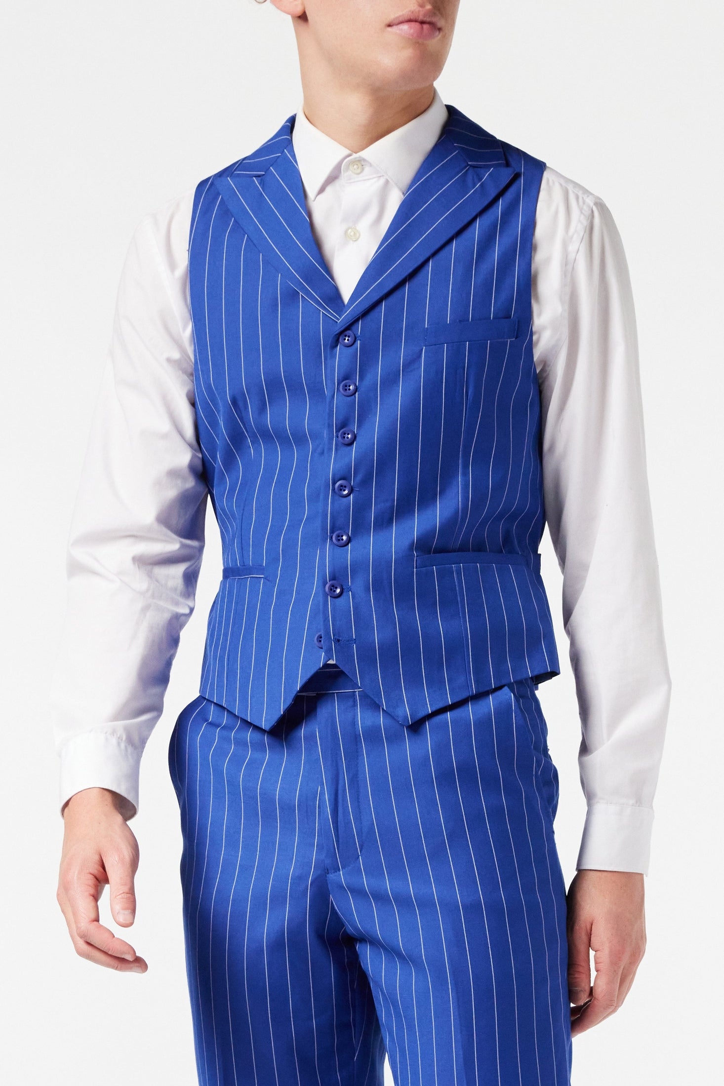 BLUE DOUBLE BREASTED WIDE CHALK STRIPE JACKET