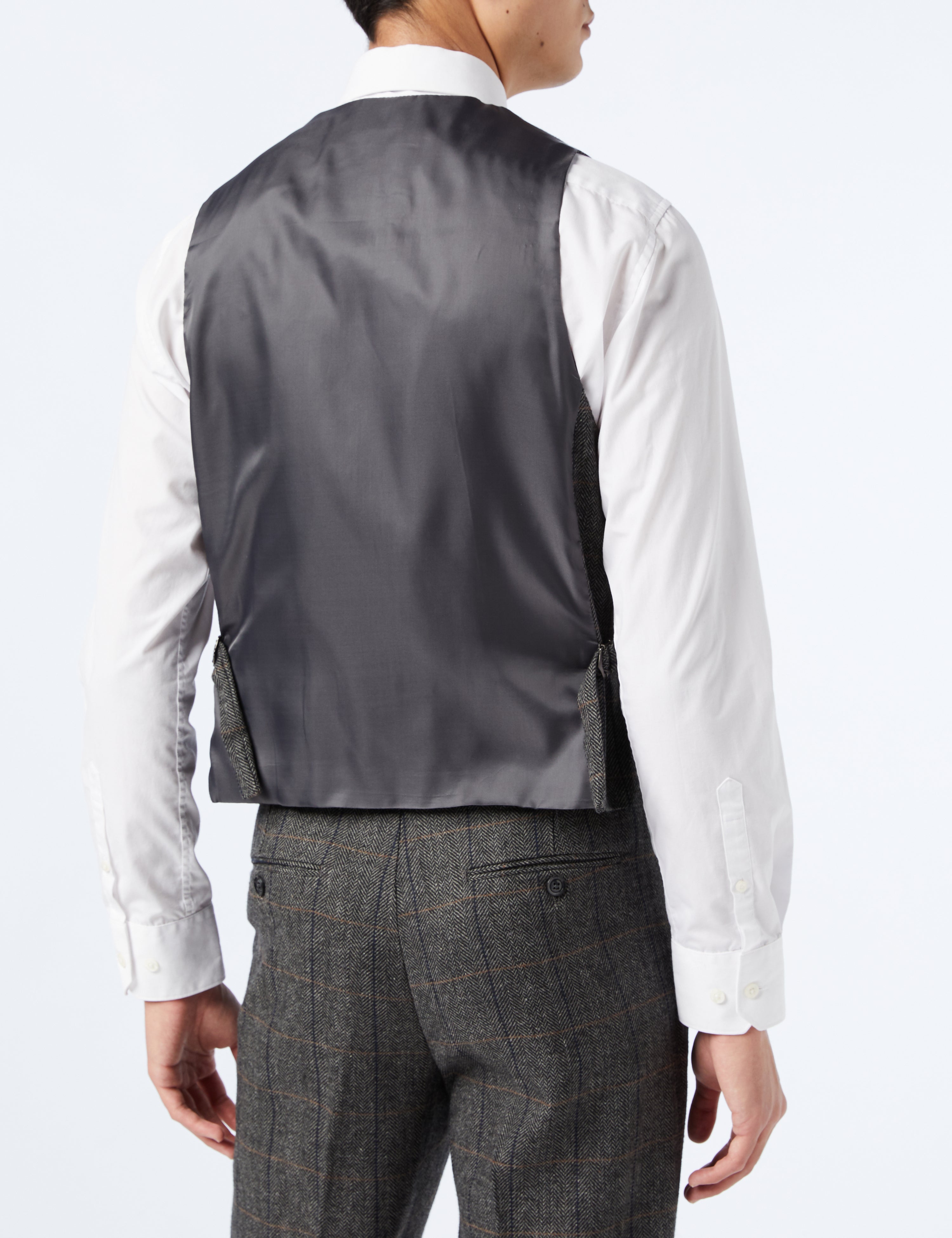 MENS TWEED GREY HERRINGBONE CHECKS TAILORED FIT WAISTCOAT