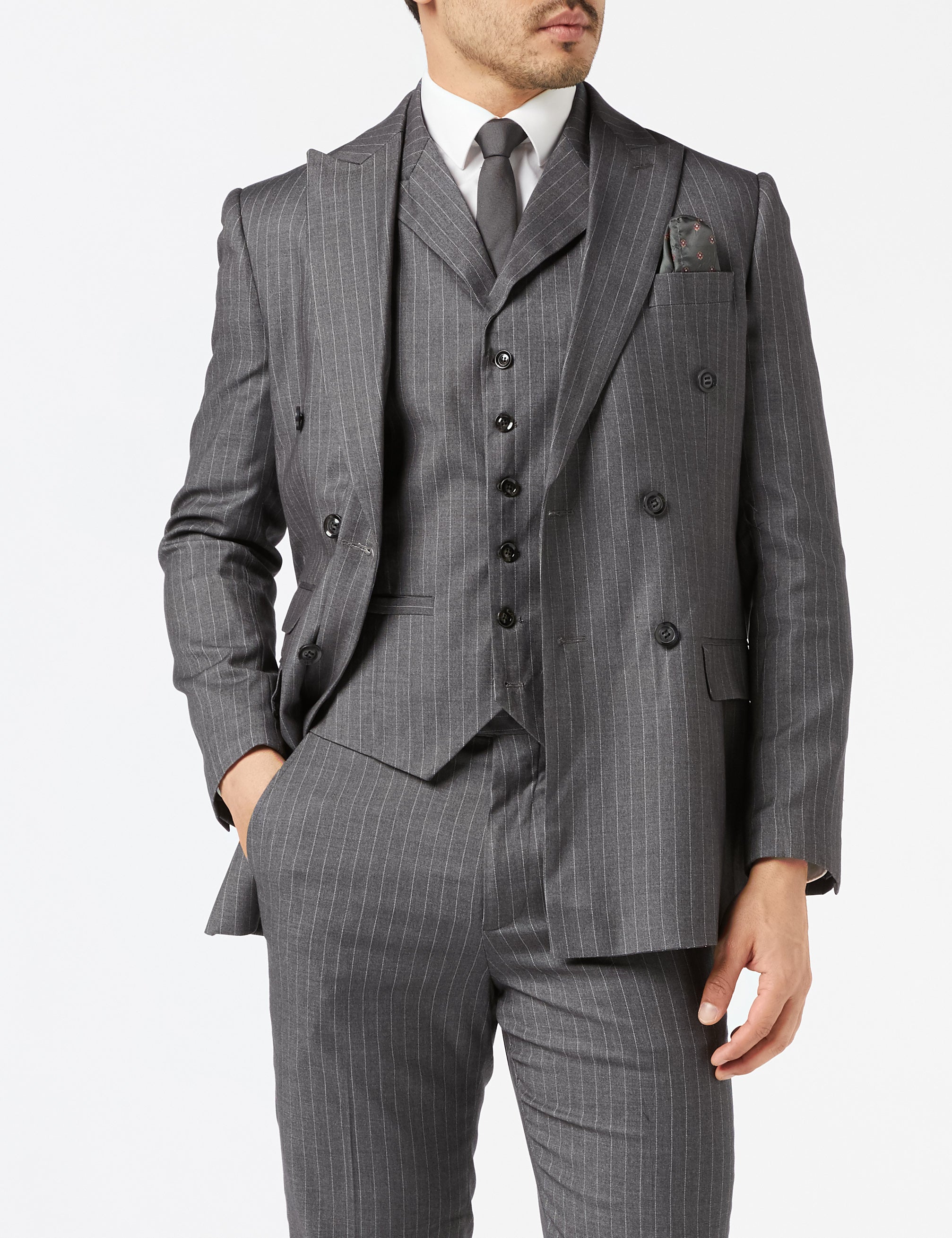 Mens Grey White Pinstripe Retro Waistcoat