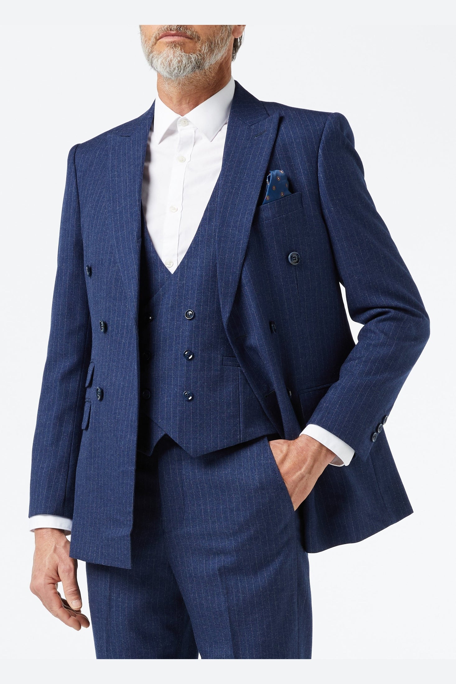 BLUE DOUBLE BREASTED PINSTRIPE JACKET & WAISTCOAT