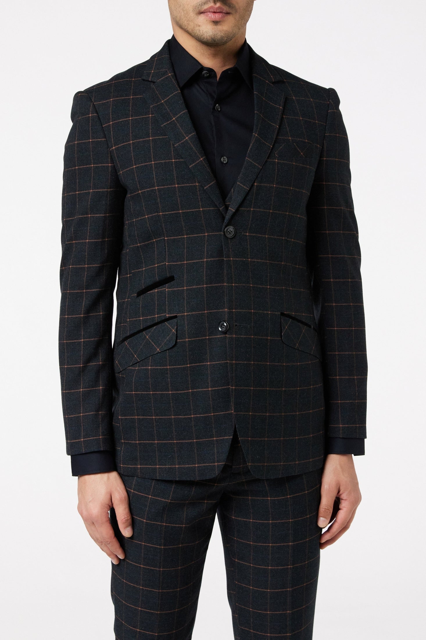 ORANGE GRID CHECK ON BLACK JACKET & WAISTCOAT