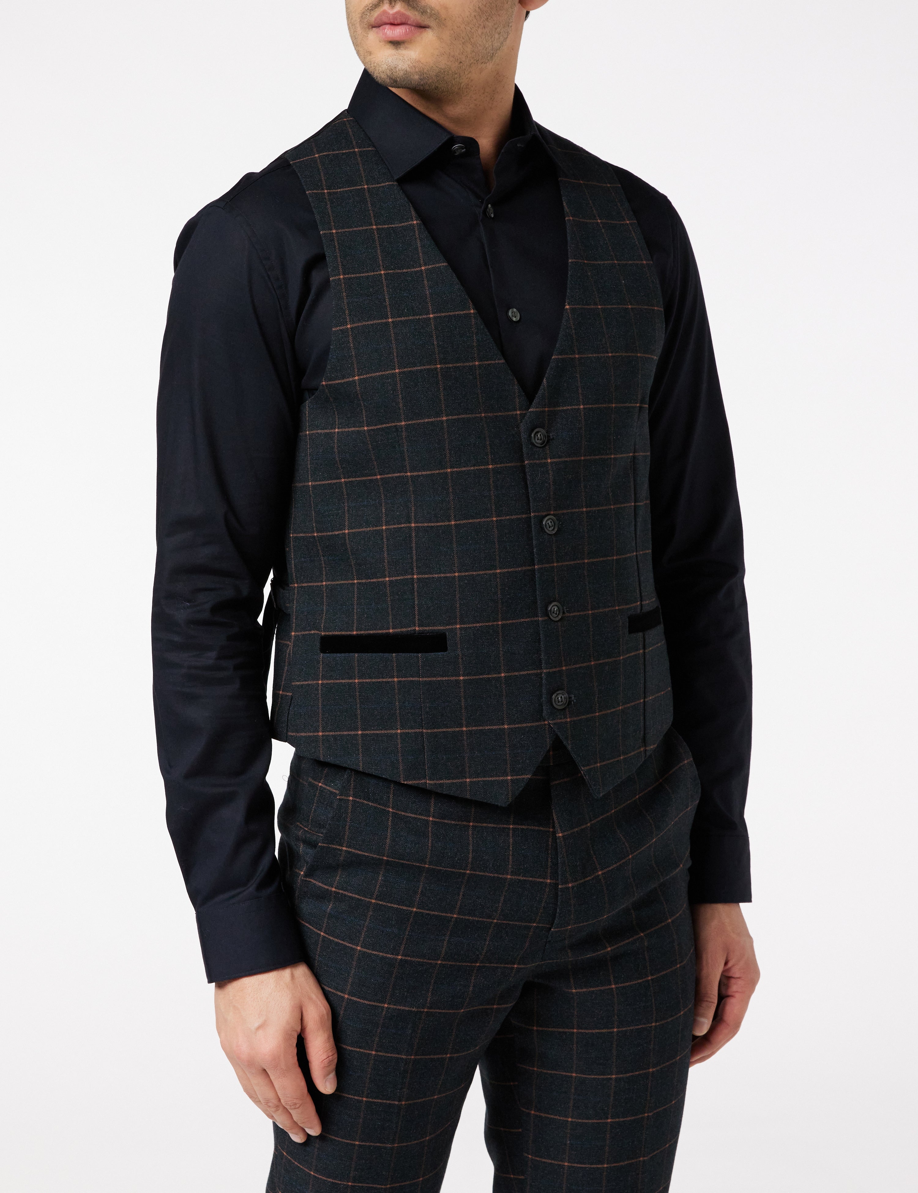 ORANGE GRID CHECK ON BLACK JACKET & WAISTCOAT