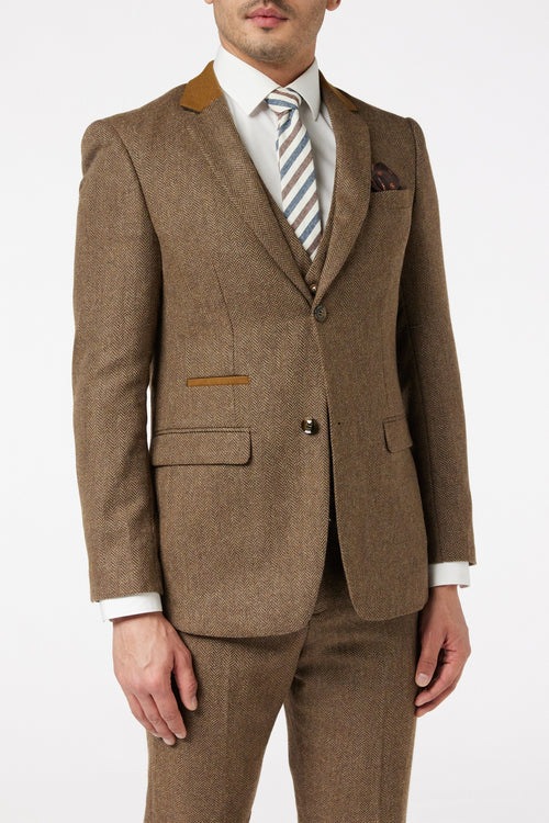 HERRINGBONE TWEED TAN BROWN JACKET
