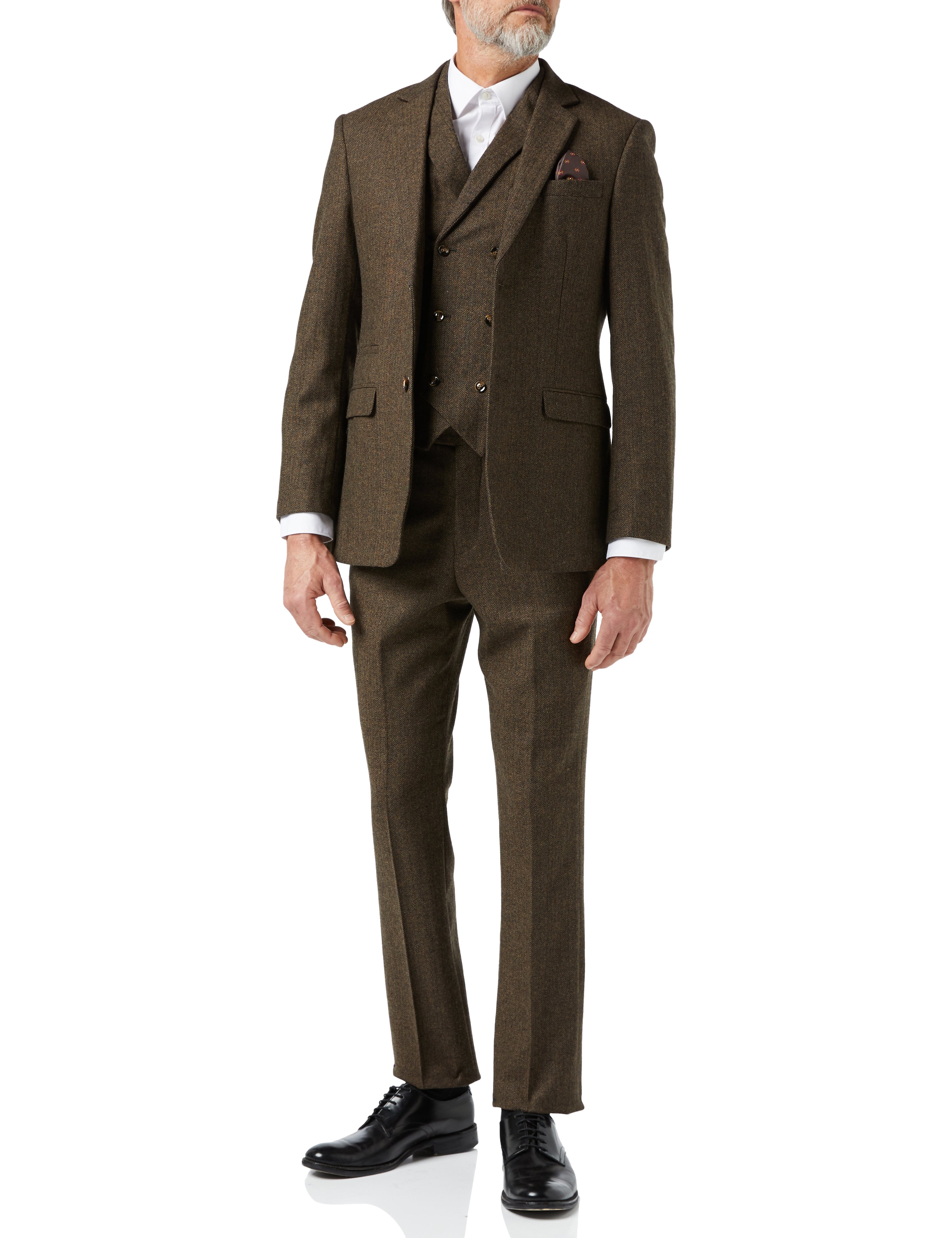 JAX - MEN'S HERRINGBONE BROWN TWEED CLASSIC TAILORED FIT SUIT WAISTCOAT