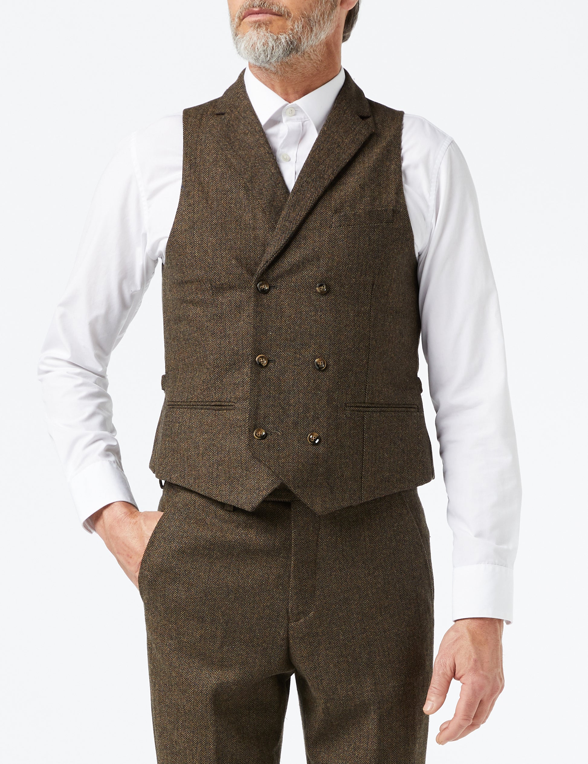 JAX - MEN'S HERRINGBONE BROWN TWEED CLASSIC TAILORED FIT SUIT WAISTCOAT