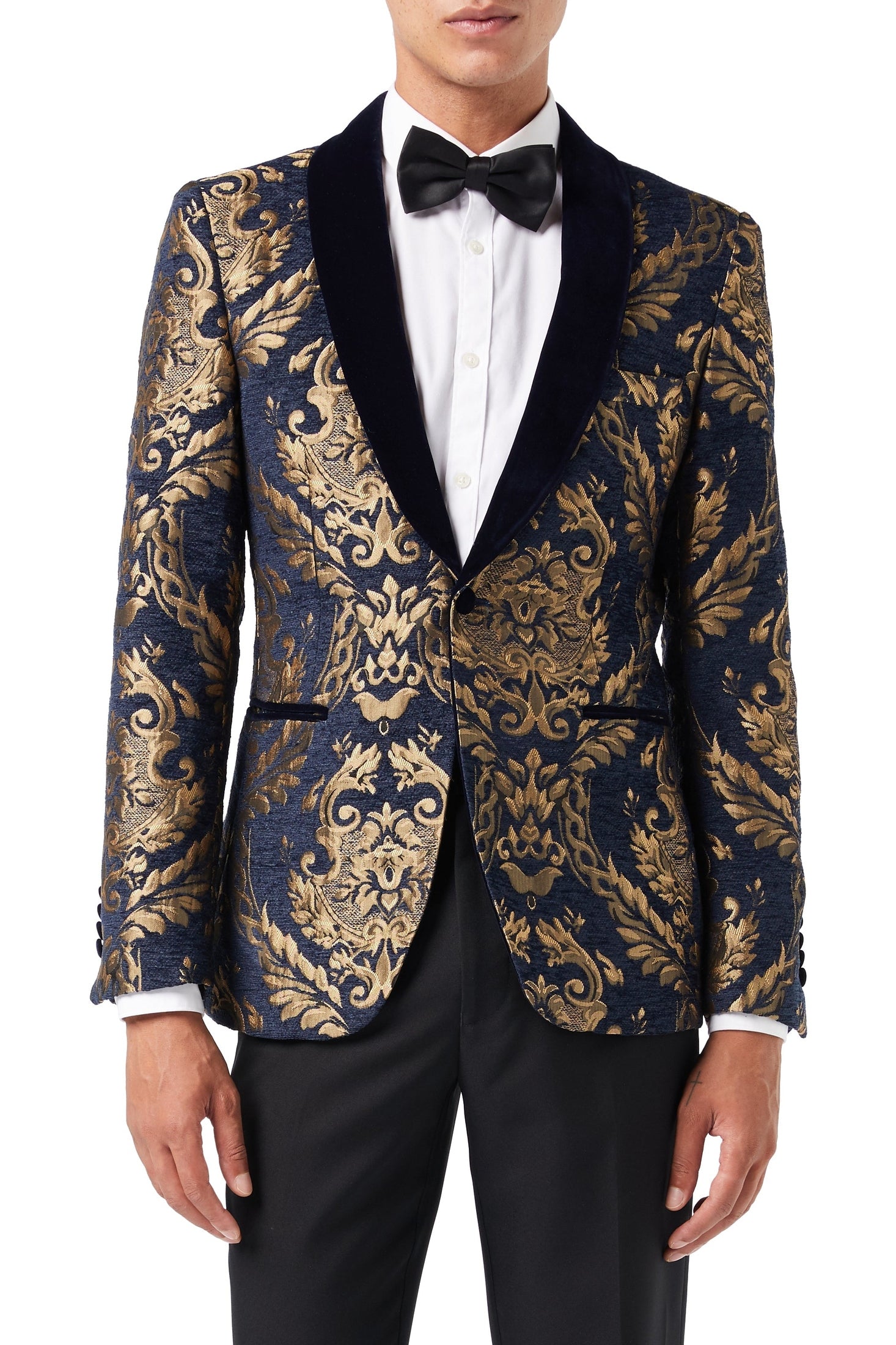 GLEN - GOLD BROCADE ON FLOCKED NAVY VELVET LAPEL JACQUARD BLAZER